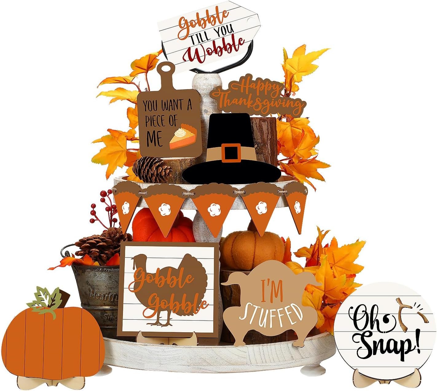 19 Pcs Thanksgiving Tiered Tray Decoration Fall Thanksgiving Table Centerpieces Farmhouse Rustic Turkey Pumpkin Wooden Signs Decoration for Autumn Harvest Home Kitchen Office