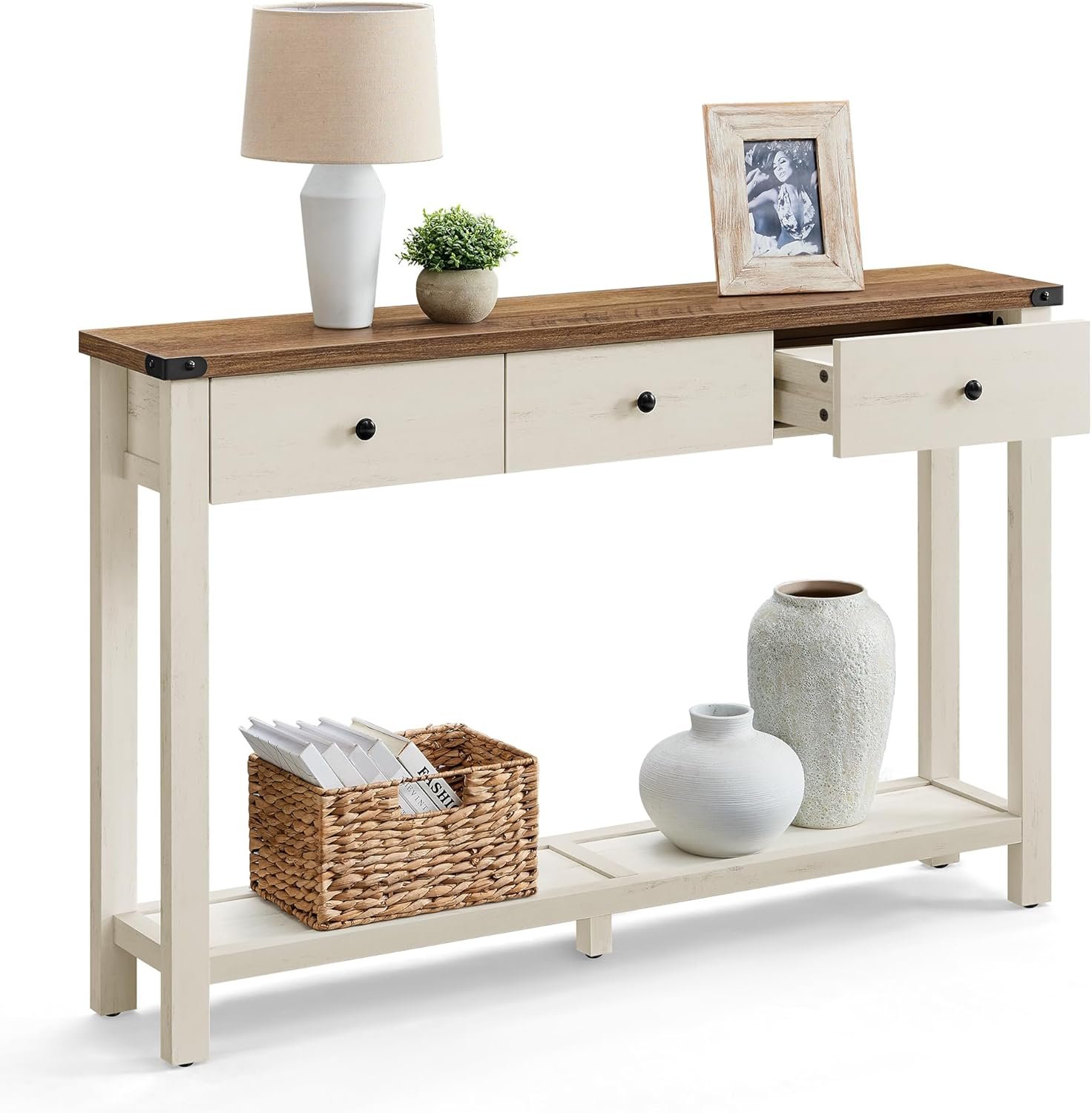 VASAGLE LIRY Collection – Console Sofa Table, Narrow Entryway Table with 3 Drawers, Open Storage Shelf, Metal Corners, for Living Room, Farmhouse Style, Honey Brown and Rustic White ULNT142WJ02S