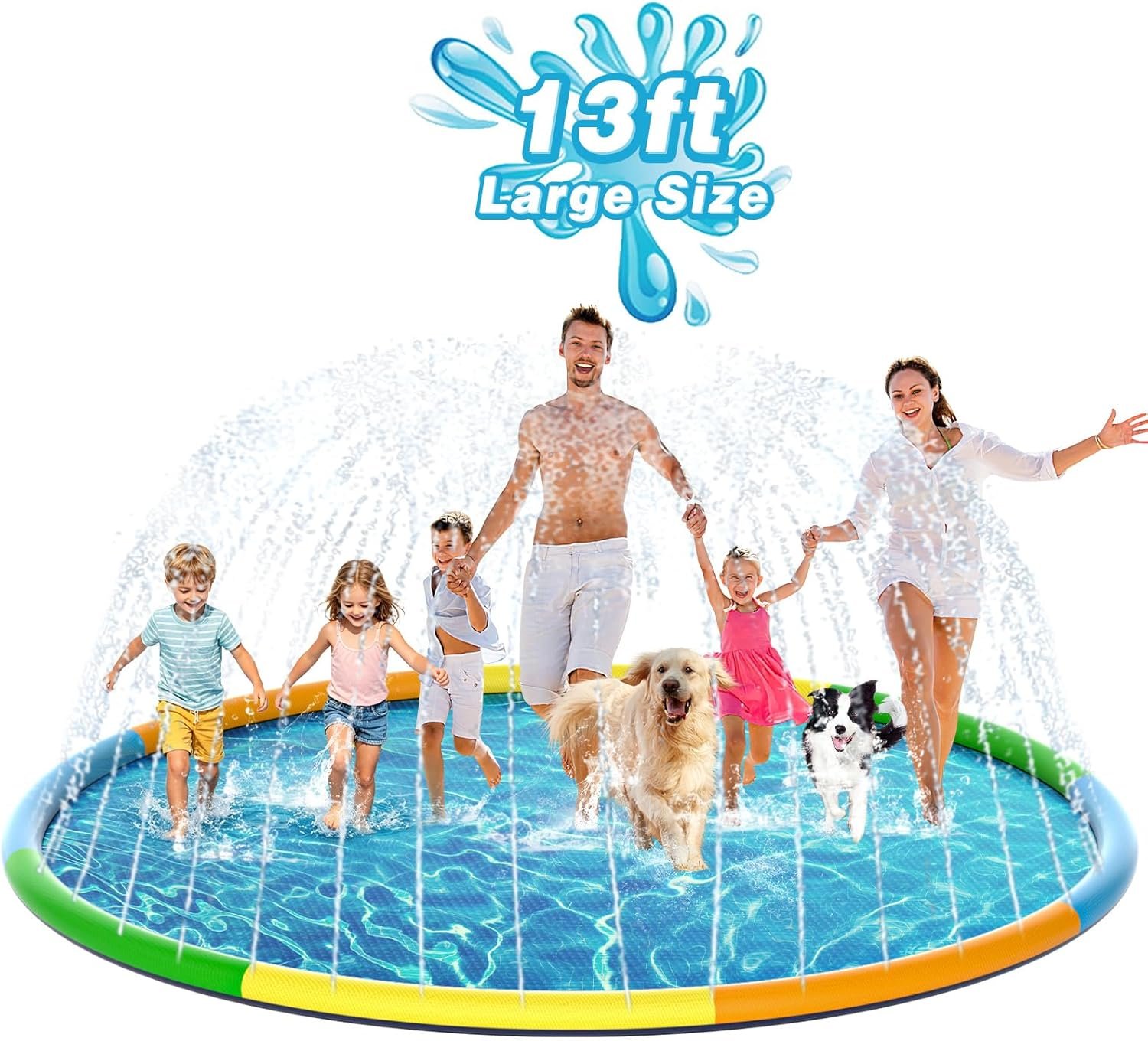 EPN Splash Pad for Kids & Dogs, 13FT Extra Large Dog Splash Pad & Sprinkler Water Play Mat, Big Outdoor Water Toy for Kids Ages 4-8, Toddlers 3+ & Pets, Non-Slip Thick PVC Backyard Lawn Summer Fun