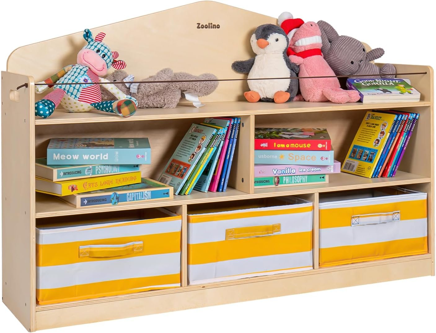 Montessori Shelf with 3 Removable Bins, Kids Wooden Toy Storage Organizer with Bookshelf, Toddler Storage Cabinet for Rooms, Playroom, Kindergarten, Natural