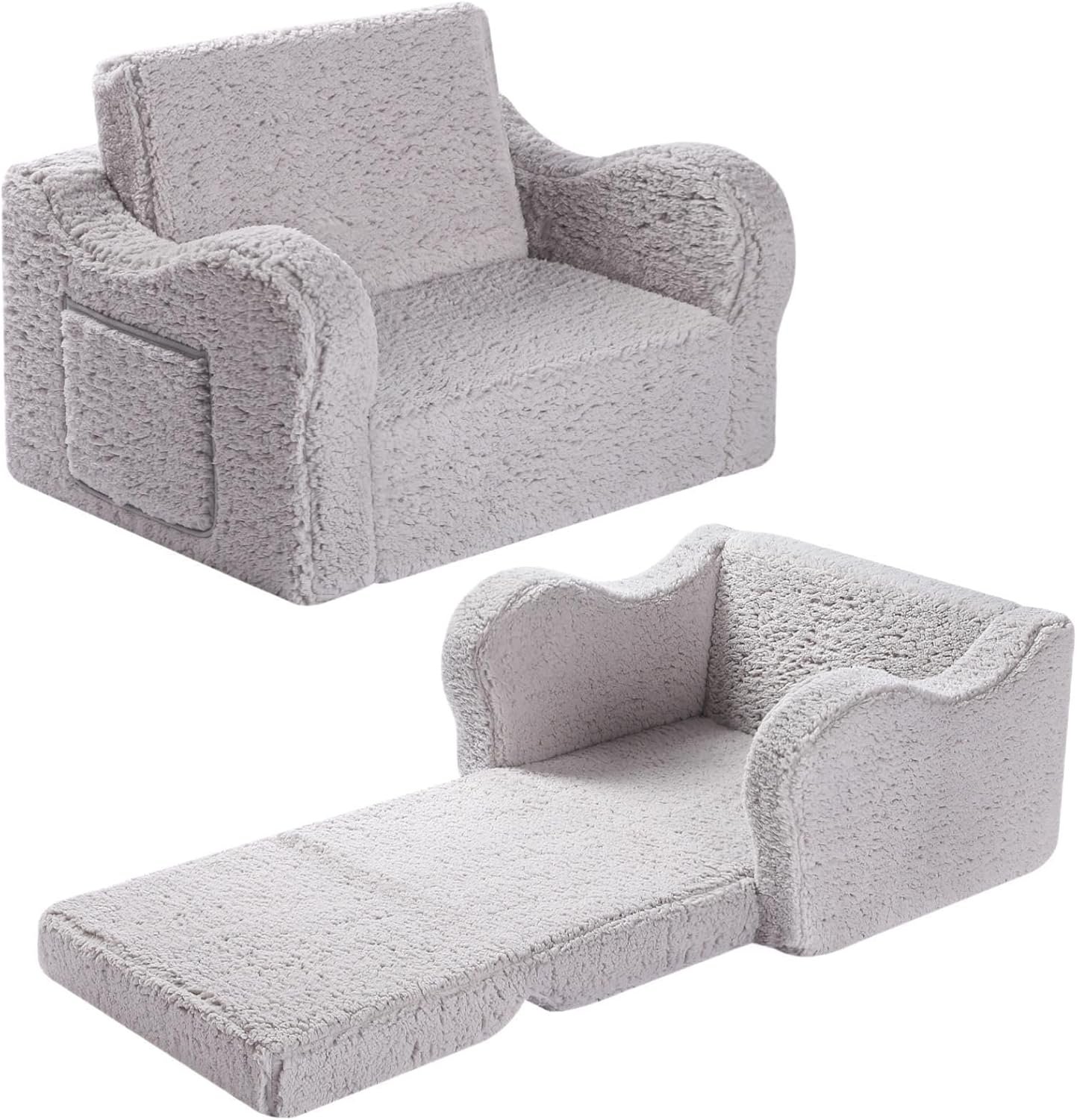 MOMCAYWEX Kids Sofa, 2-in-1 Flip-Out Foam Couch with Soft Sherpa Cover, Cozy Play Lounge Chair, Grey