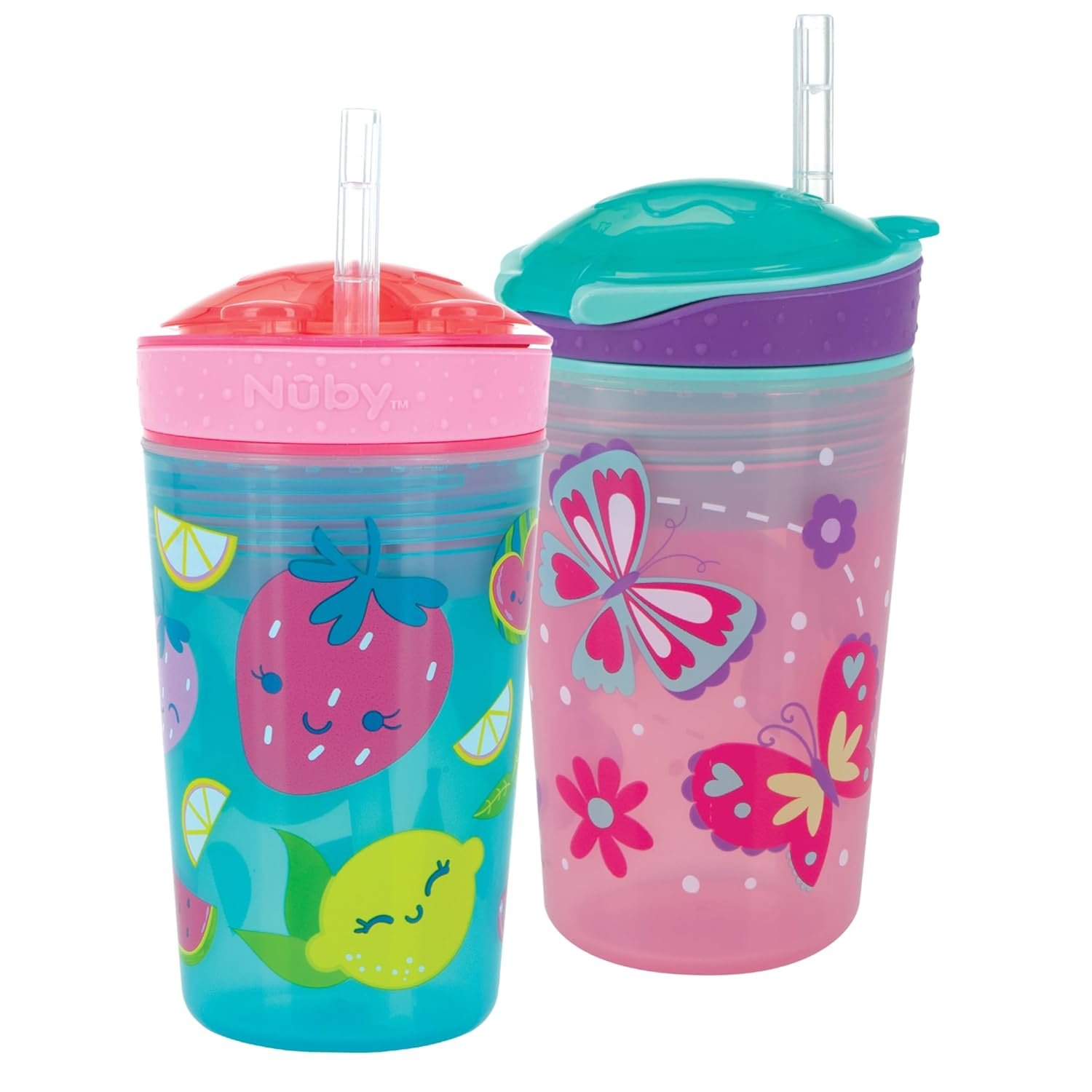 Nuby All in One Snack Bowl and No Spill Soft Straw Cup – 2 Pack Pink Butterflies & Aqua Fruits – Snack N’ Sip, Holds: 4.5 oz Container with Lid and 9 oz/ 270 ml Straw Cup (12 Months +)