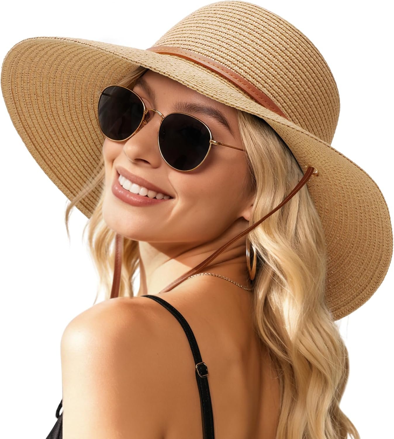 Womens Beach Sun Straw Hat, Wide Brim Sun Hat Travel Foldable Summer Wind Lanyard UPF 50+