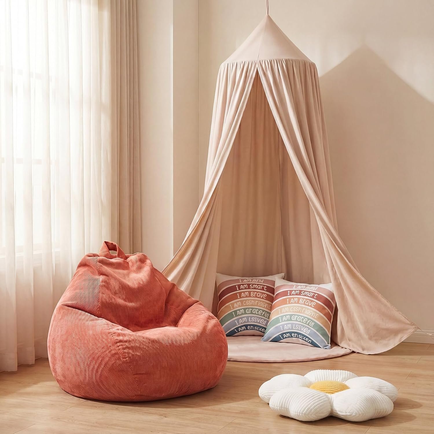 Kids Reading Nook Set 5 Pcs, Bean Bag Chair Cover for Kids with Canopy Tent, Throw Pillow Cover and Flower Pillow, Playhouse Reading Corner Decor for Bedroom Playroom Nursery(No Filler)