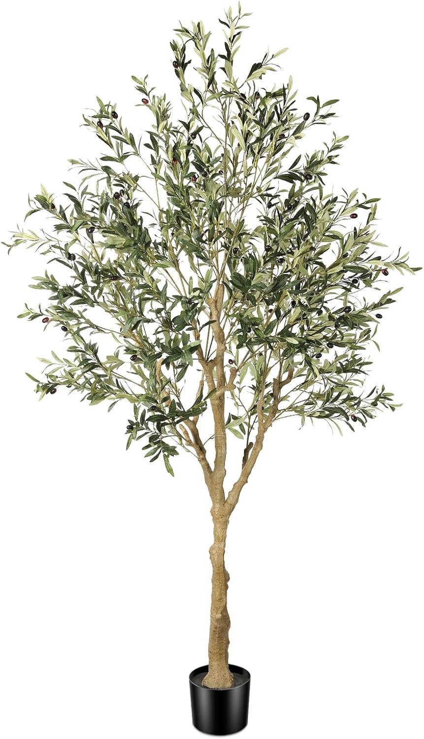 FEELEAD Faux Olive Tree 7ft – Realistic Artificial Olive Tree 7 Feet Indoor (84″) – Tall Fake Potted Olive Silk Tree Artificial Indoor with Natural Wood Trunk for Home Office Decor
