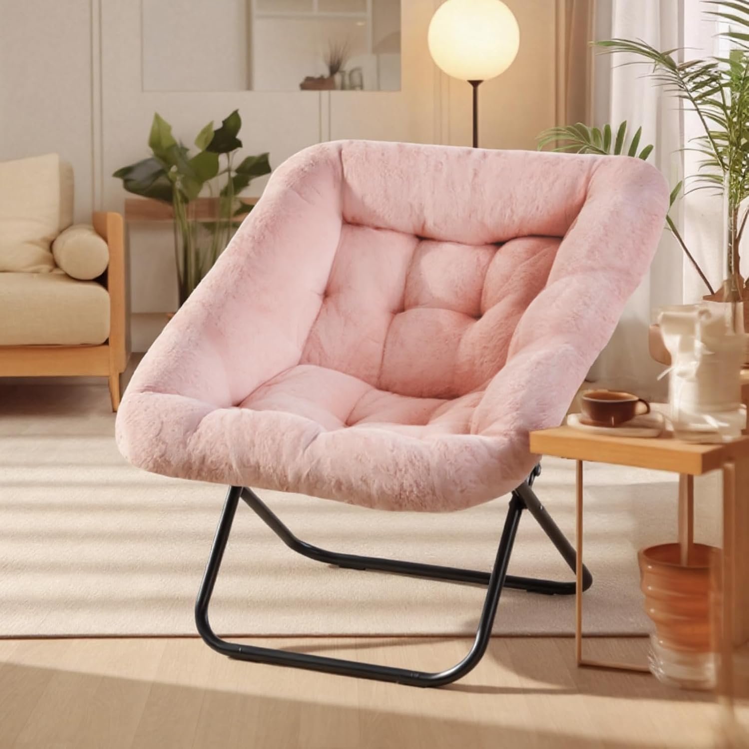DUMOS Saucer Chair, Foldable Living Room Chairs, Soft Faux Fur Lounge Chair for Bedroom, Comfy Round Circle Folding Reading Chairs for Adults, X-Large Pink