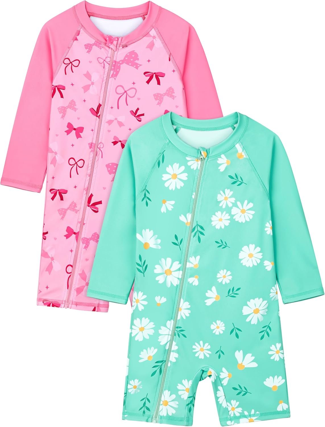 2 Pack Toddler Baby Girls One Piece Rash Guards Baby Kid UPF 50+ Long-Sleeve Dry Fit Zip Swimsuit for Summer Beach
