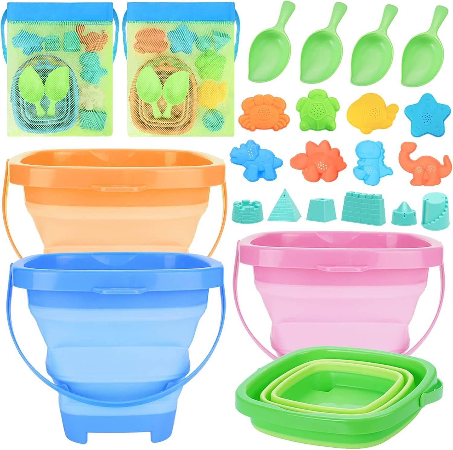 4 Packs Foldable Beach Buckets Set, Collapsible Bucket with Sand Shovels and Mesh Bag for Kids Toddlers Beach Toys, Silicone Sand Pails, Easter Egg Hunt, Camping, Travelling and Fishing Water Pail