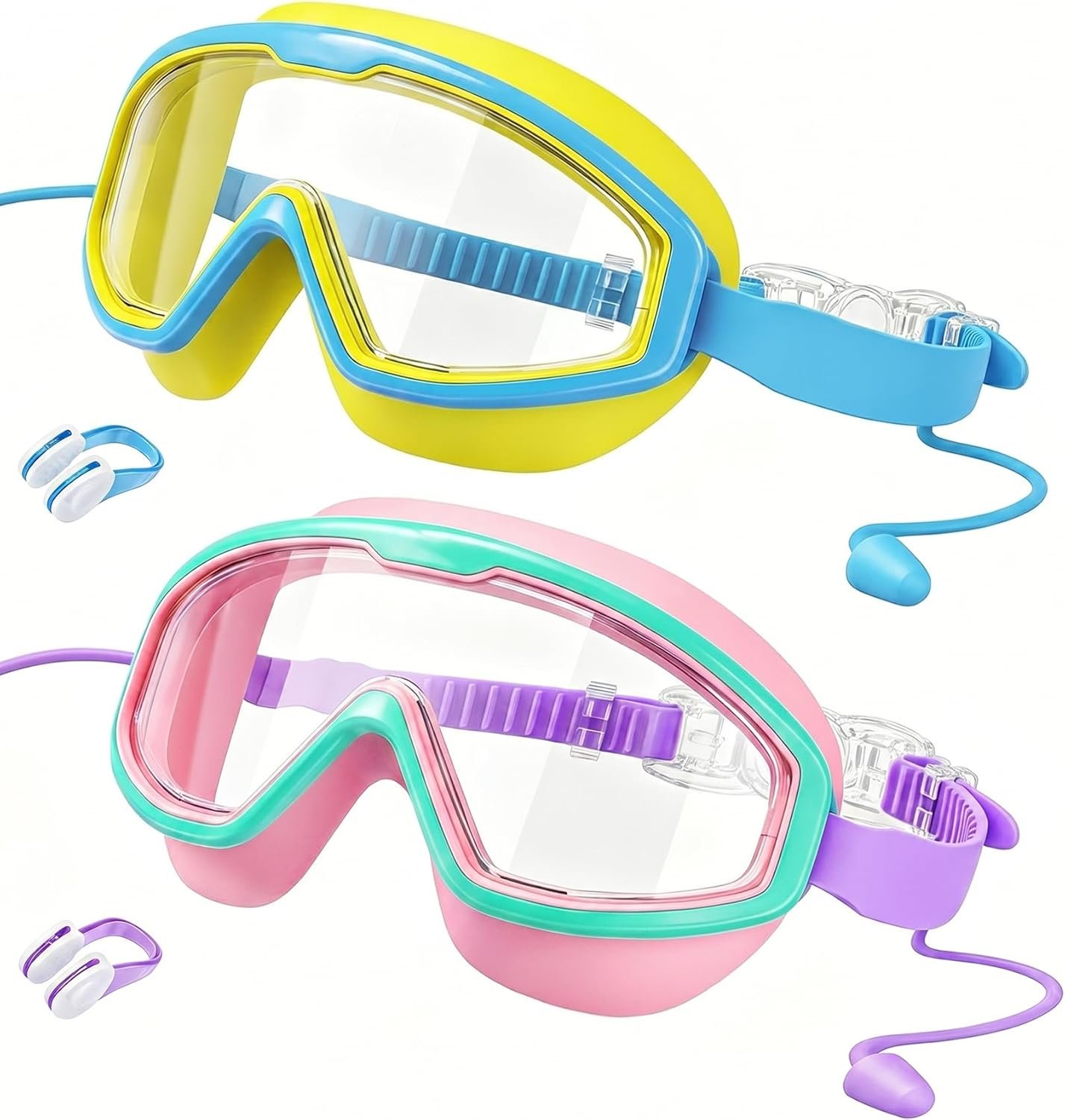 Kids Swim Goggles Wide View Anti-Fog UV Protection No Leak, Swim Mask with Nose Clip Earplugs Pool Beach Essentials