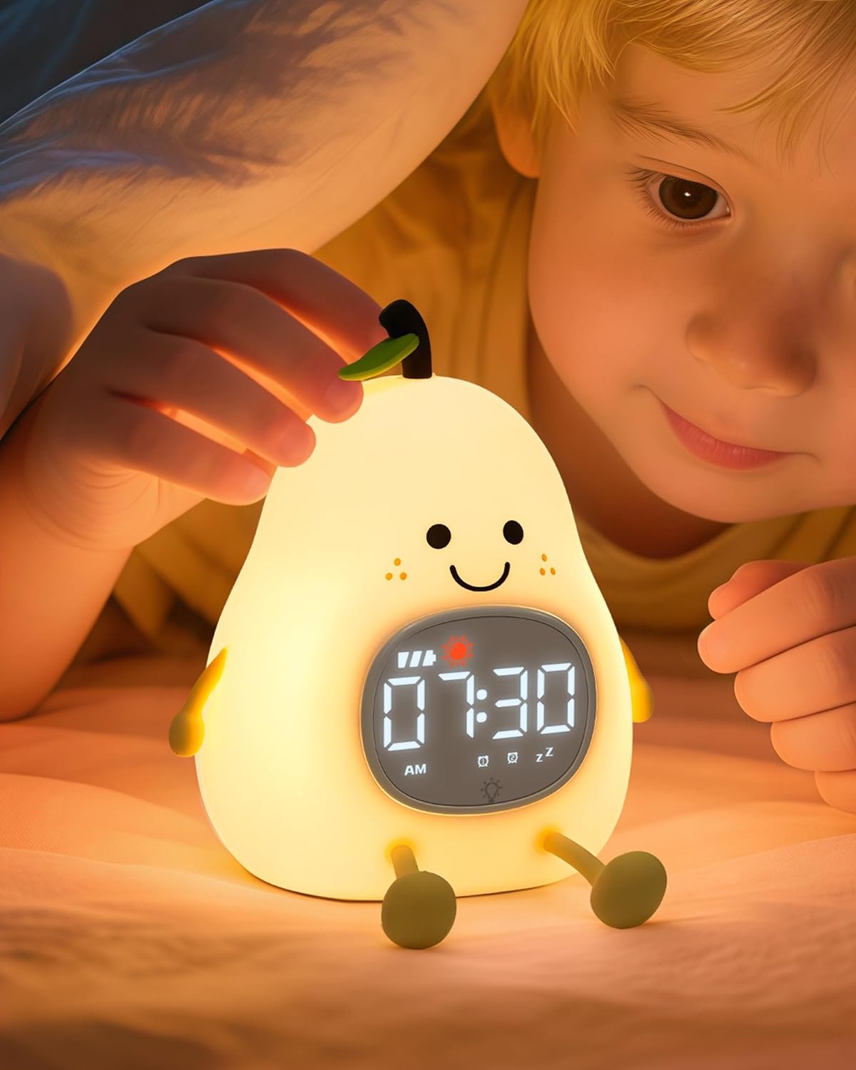 Yiliaw Pear Sleep Training Alarm Clock with Night Light for Kids – Ok to Wake Clock with Dual Alarms, Night Light & RGB Colors, 6 Alarm Tones & White Noise, Rechargeable Clock for Boys & Girls