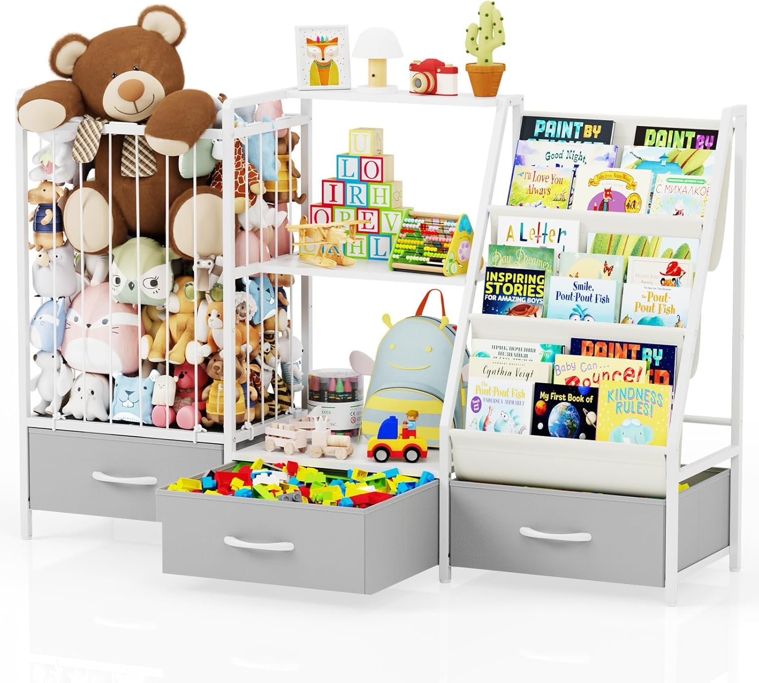 Kids Bookshelf and Toy Storage Organizer – 3-Tier Sling Bookcase with Stuffed Animal Storage and Fabric Toy Drawer – Kids Bin Shelf for Nursery, Bedroom & Playroom, 47.2″ W