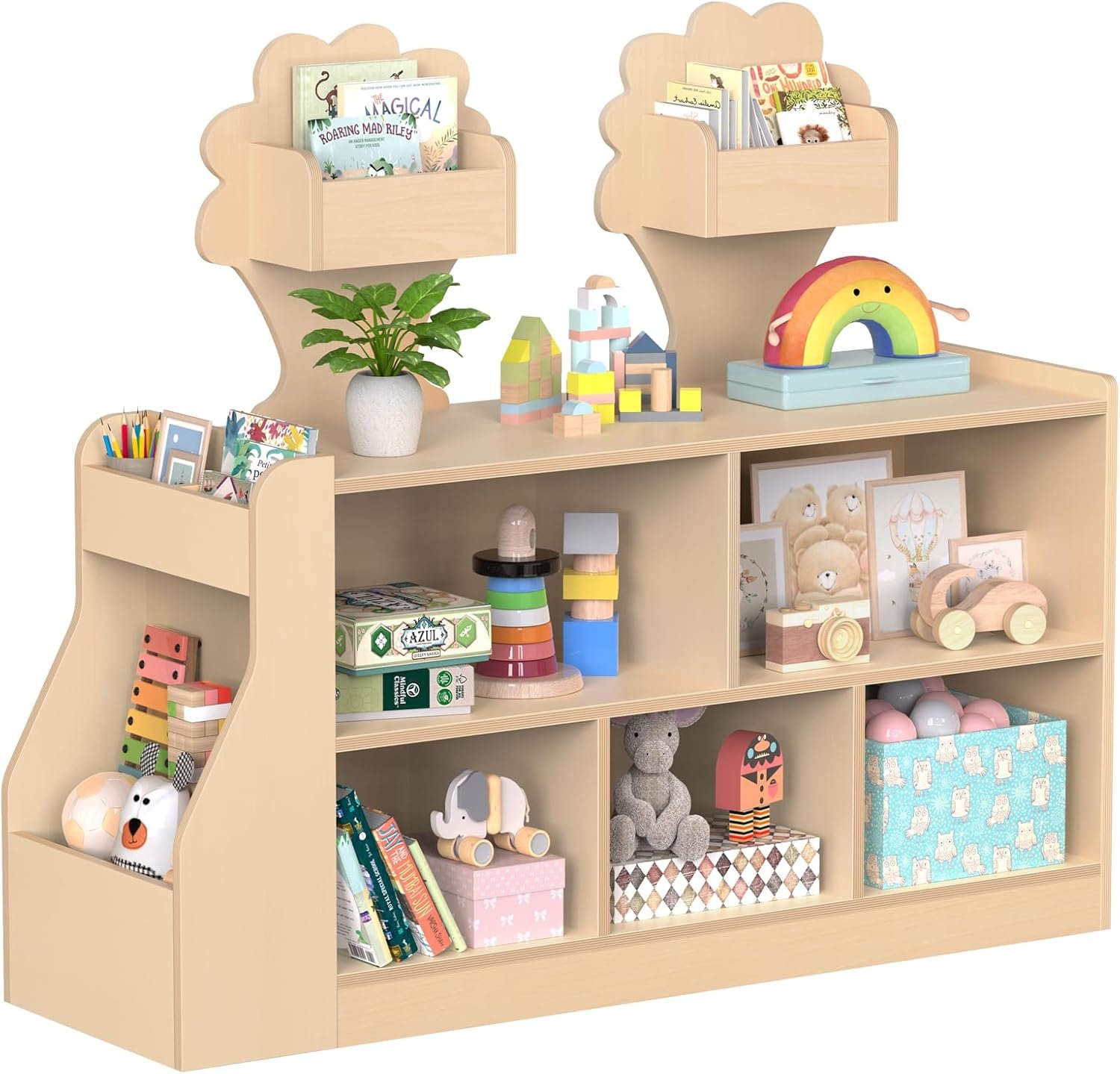 Acenova Montessori Toy Storage Shelf, Wooden Montessori Bookshelf and Toy Storage with 10 Compartments, Tree-Shaped and Side Bin, Book Shelf for Nursery, Playroom, Classroom