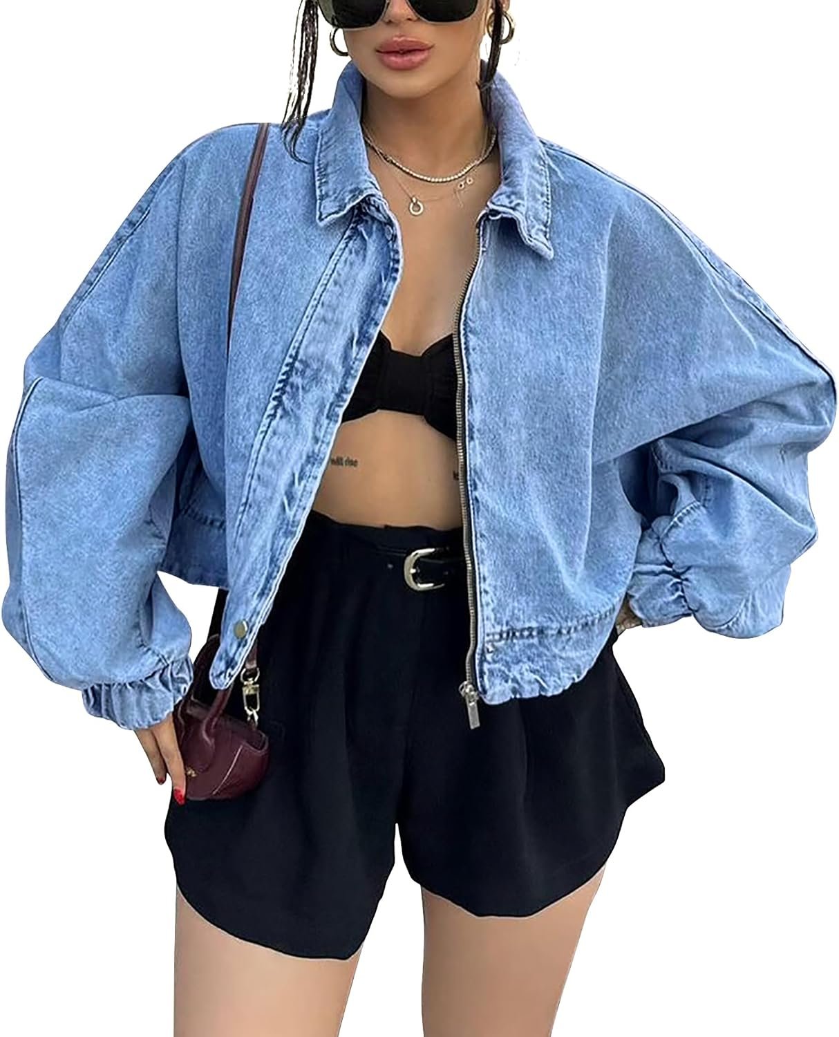 Qazel Vorrlon Womens Oversized Cropped Denim Jacket Zip Up Light Wash Blue Bomber Shacket Jean Jacket for Women Trendy 2025