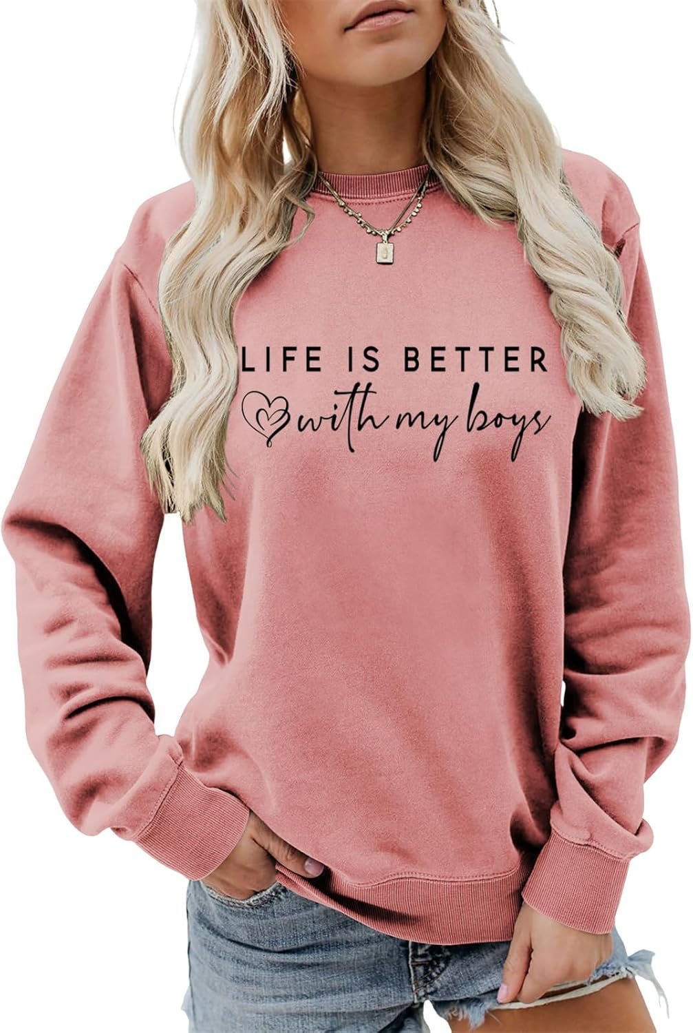 Life Is Better With My Boys Sweatshirt, Women Funny Boys Mom Shirt Mom Life Graphic Sweatshirt Casual Fall Pullovers