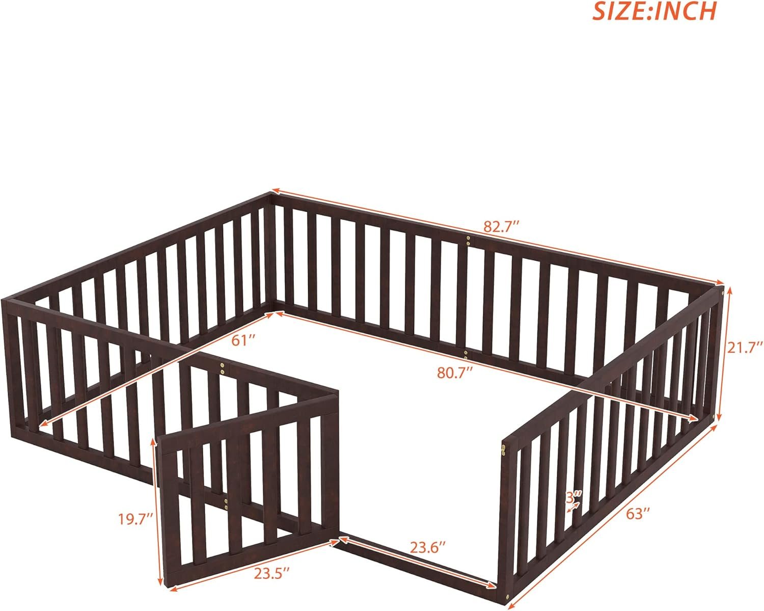 Bellemave Queen Size Montessori Floor Bed with 21.7″ High Rails, Pine,Plywood Floor Bed with Small Door, Walnut