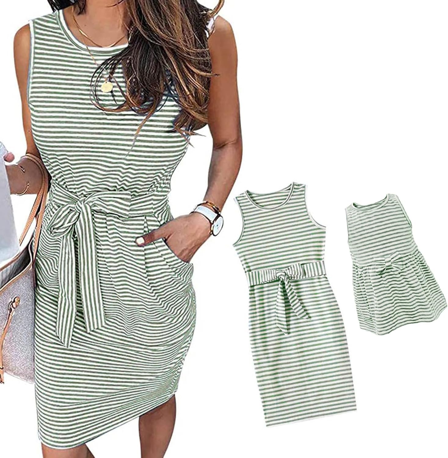 IFFEI Mommy and Me Dresses Womens Summer Sleeveless Striped Girls Dress Casual Tie Waist Mini Matching Family Dresses