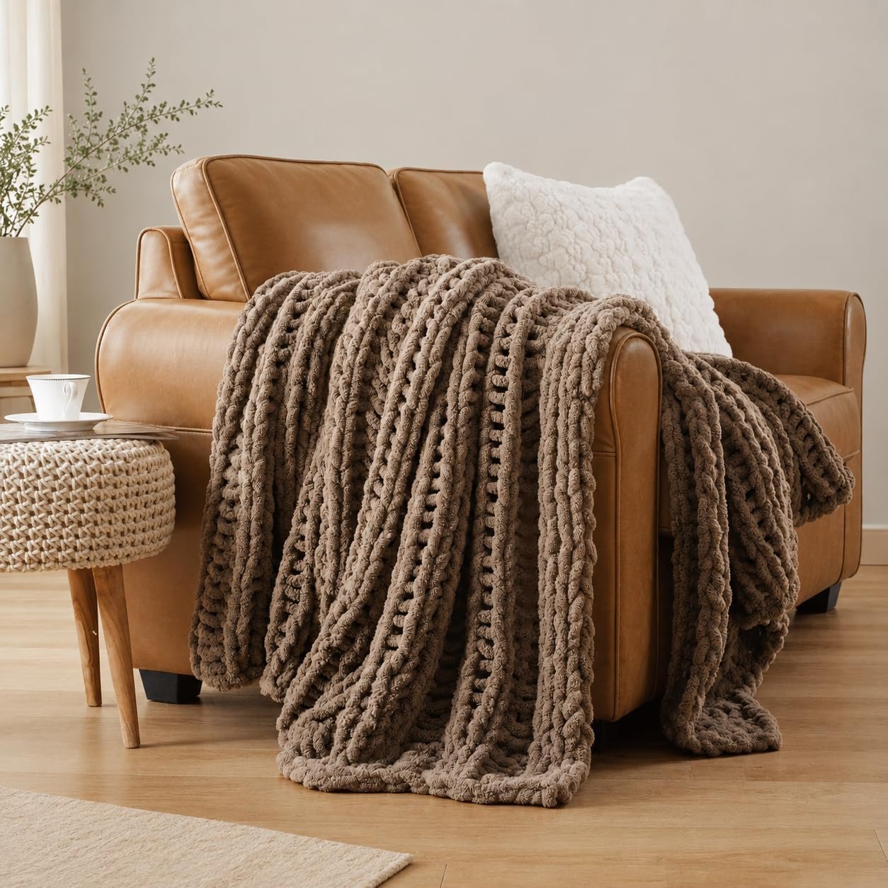 Battilo Chunky Knit Throw Blanket for Couch, Hand Made Chenille Throw Blanket, Super Soft Warm Cozy Taupe Blanket for Bed, Sofa, Living Room, 50″x60″