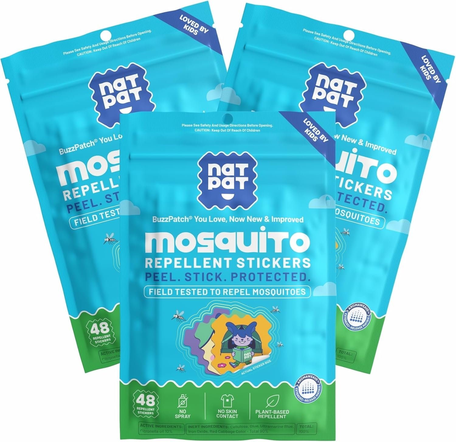 NATPAT BuzzPatch Mosquito Patch Stickers for Kids – All Natural, Plant Based Ingredients, Non-Toxic, DEET Free, Citronella Insect Patches, for Toddlers, Babies, Children (3 Pack, 144 Units)