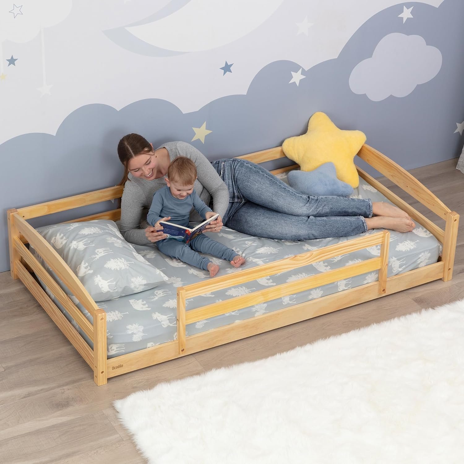Ocodile Twin Floor Bed with Safety Guardrails for Kids, Montessori Inspired with Rails and 2 Openings, Twin Size Bed Frame for Girls and Boys – Varnished
