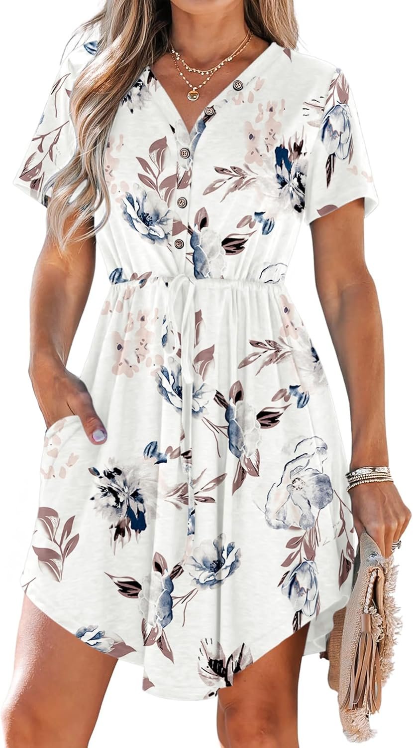 MISFAY Women Summer Dress Casual V Neck Short Sleeve Drawstring 2026 Mini Dresses with Pockets