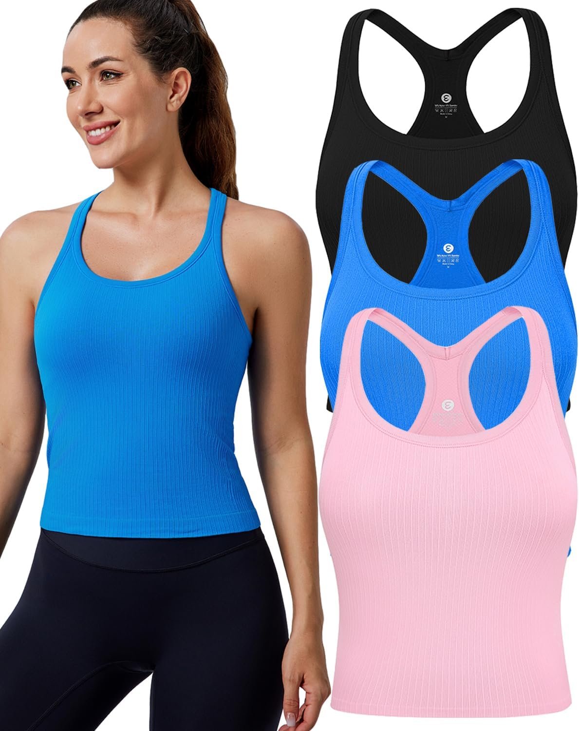 Evercute Women’s 1/2/3 Pack Ribbed Workout Tank Tops with Built in Bra Racerback Seamless Crop Tank Tops Camisole Sport Tanks