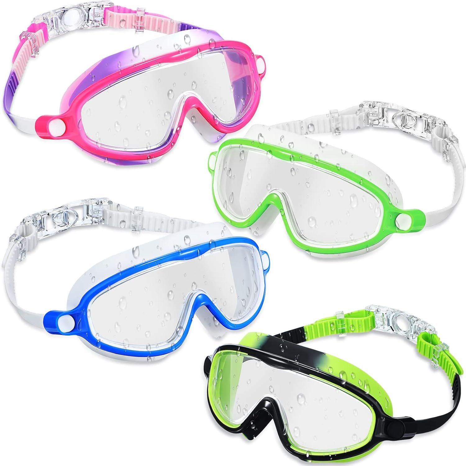 Flutesan 4 Pack Kids Swim Goggles Age 3-15 Antifog Wide View No Leaking Swimming Glasses with Adjustable Strap
