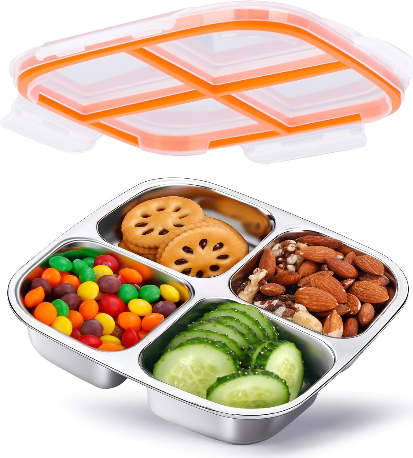 KTKUDY Stainless Steel Snack Container – Divided Bento Snack Box – 4 Compartment Meal Prep Lunch Container for Kids Daycare, School, Work, Travel