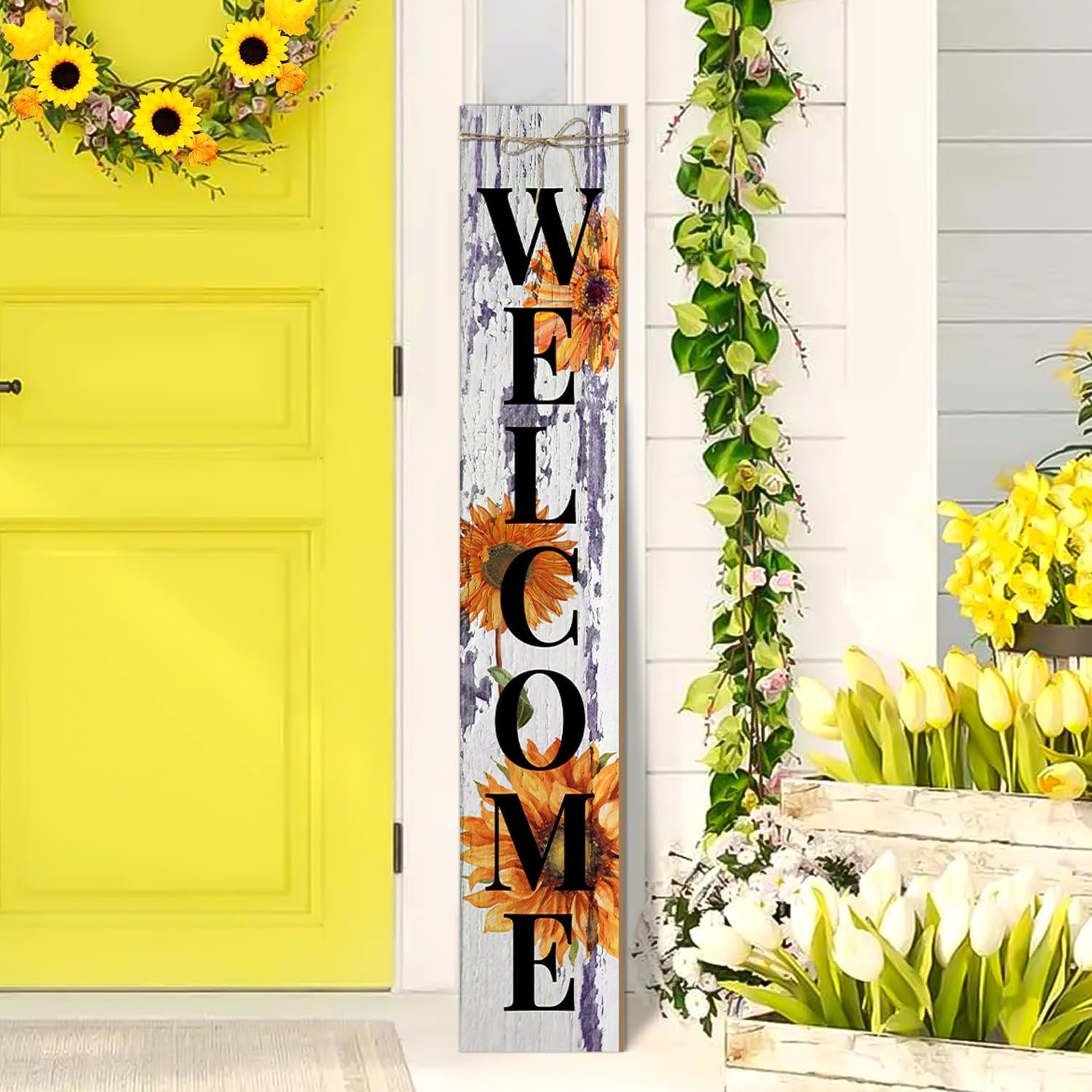 Sunflower Welcome Porch Sign Decor Summer Wooden Hanging Sign Door Porch Standing Decorative Signs Plaques for Front Door Farmhouse Outdoor Indoor Welcome Sign Wall Craft Decor 47.2″H