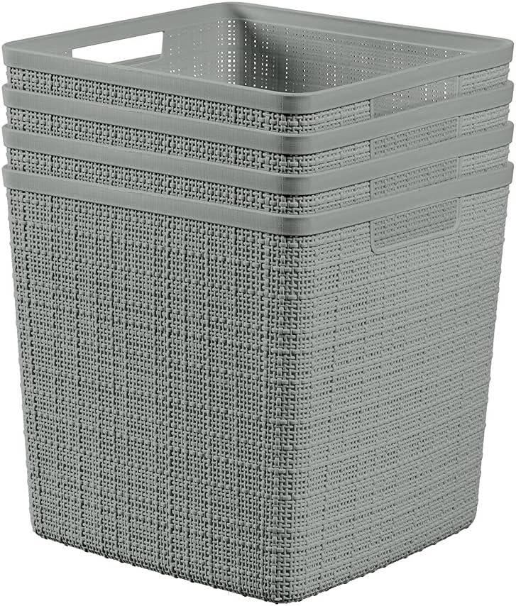 Curver Set of 4 Large Cube 17L Jute Decorative Plastic Organization and Storage Baskets – Perfect Bins for Home Office, Closet Shelves, Kitchen Pantry and All Bedroom Essentials, Grey