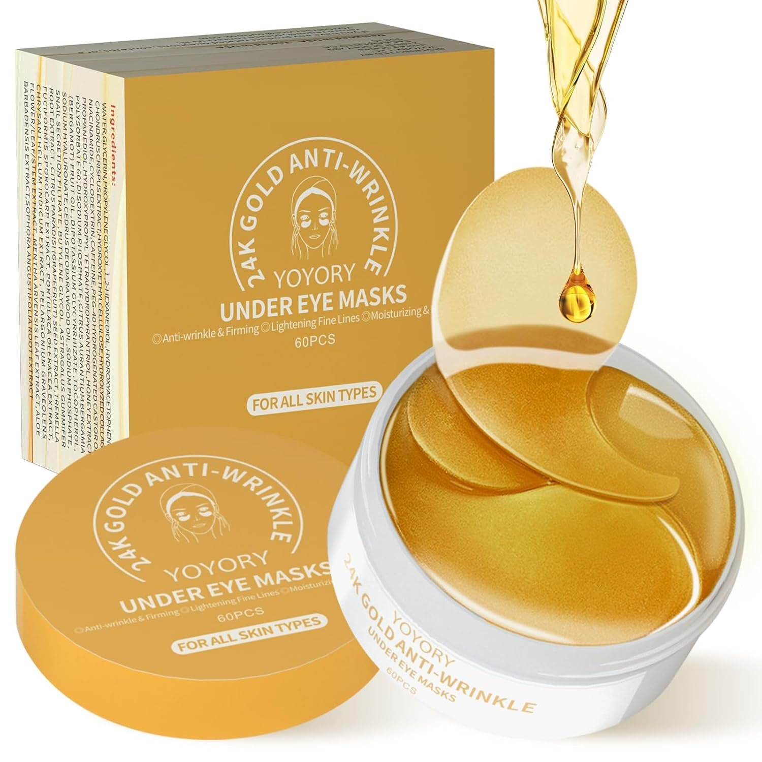 Under Eye Patches for Dark Circles & Puffy Eyes – 60 Hydrogel Eye Mask Patches with Caffeine, Collagen & Niacinamide – Anti Wrinkle Smile Line Patches, Self Care Gifts for Women,Gold
