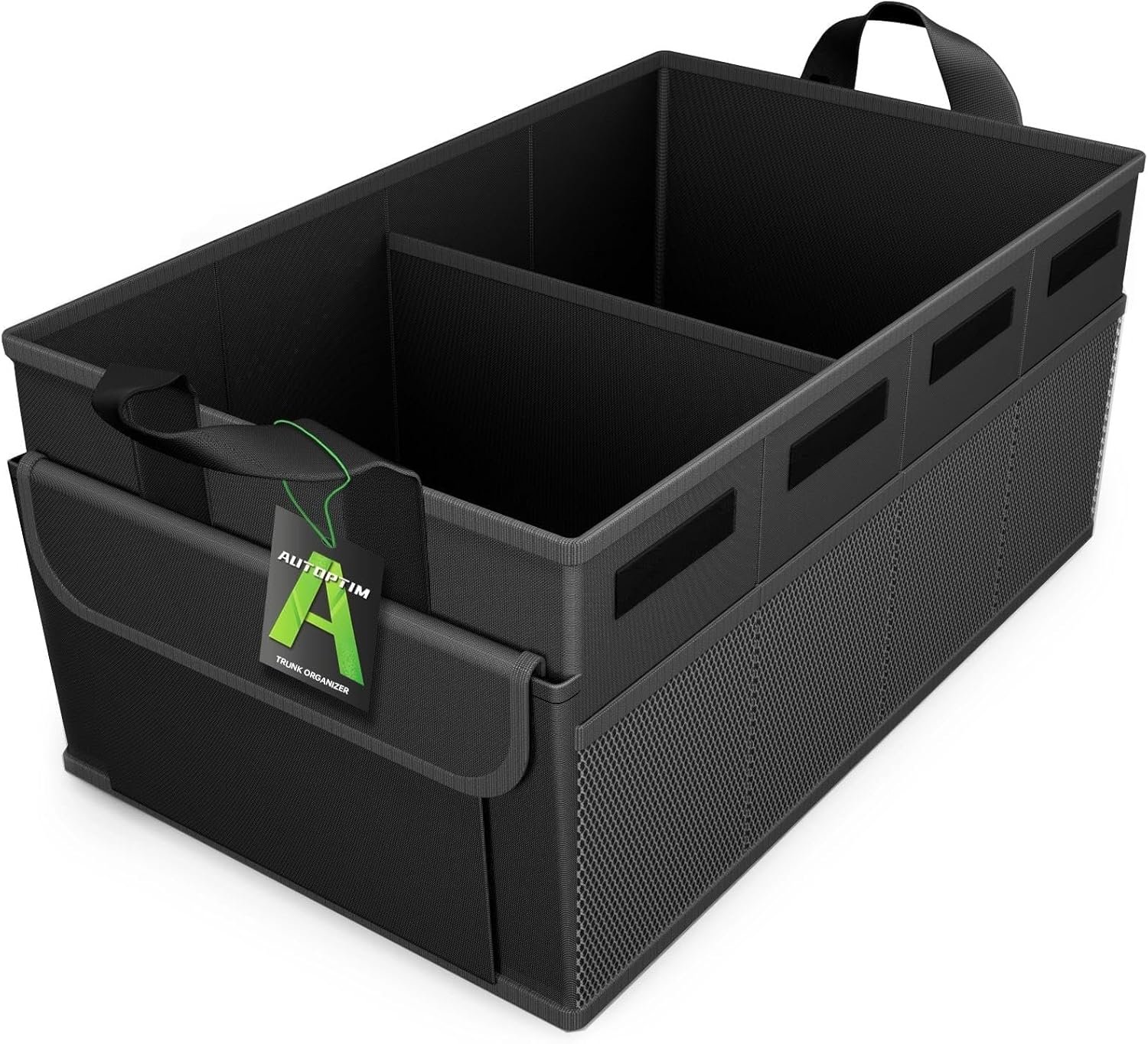 AUTOPTIM Car Trunk Organizer – Collapsible Car Organizer with Non Slip Bottom & Multiple Pockets for Groceries, Trunk Storage with Base Panel for SUV Sedan Van, 2 Compartments (Black, Small)