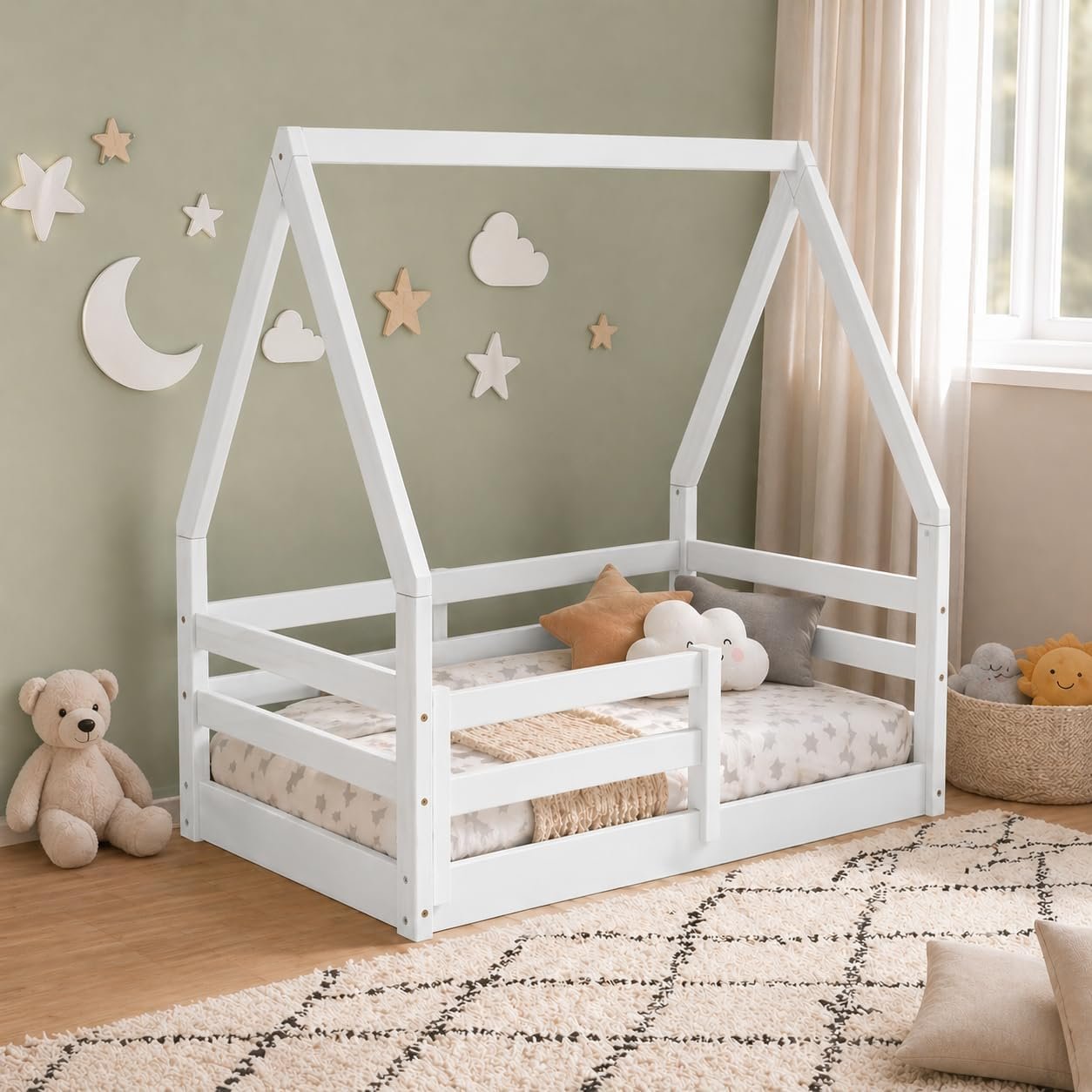 From the Tree Furniture Montessori Toddler Floor Bed with House Frame Canopy — Solid Pine with Non-Toxic Water-Based White Finish — Low-to-Floor — Fits 52″ × 28″ Toddler Mattress — Ages 18 mo–5 yr