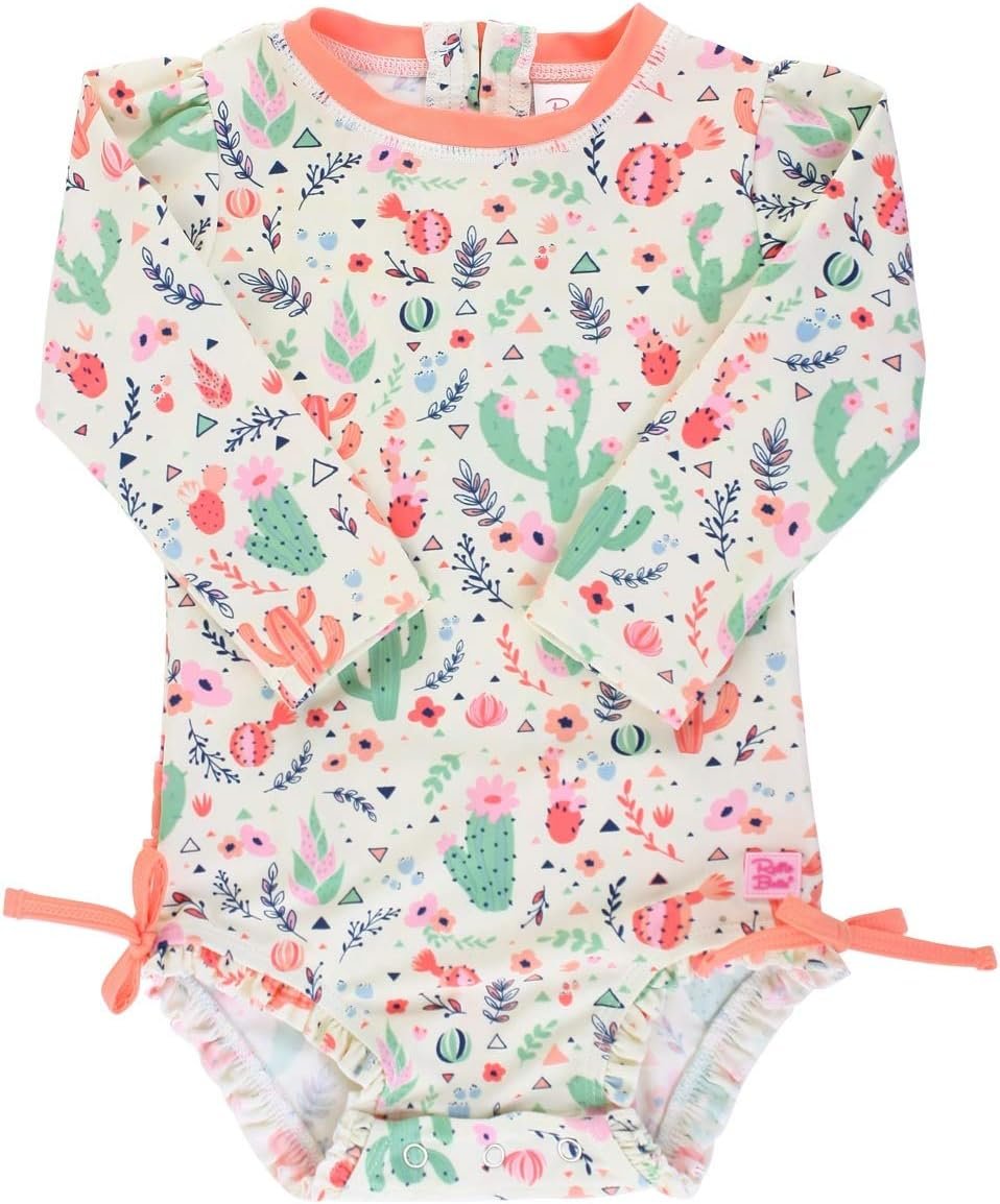 RuffleButts Baby Girls UPF 50+ Sun Protection Floral Printed Long Sleeve One Piece Rash Guard Swimsuit with Zipper