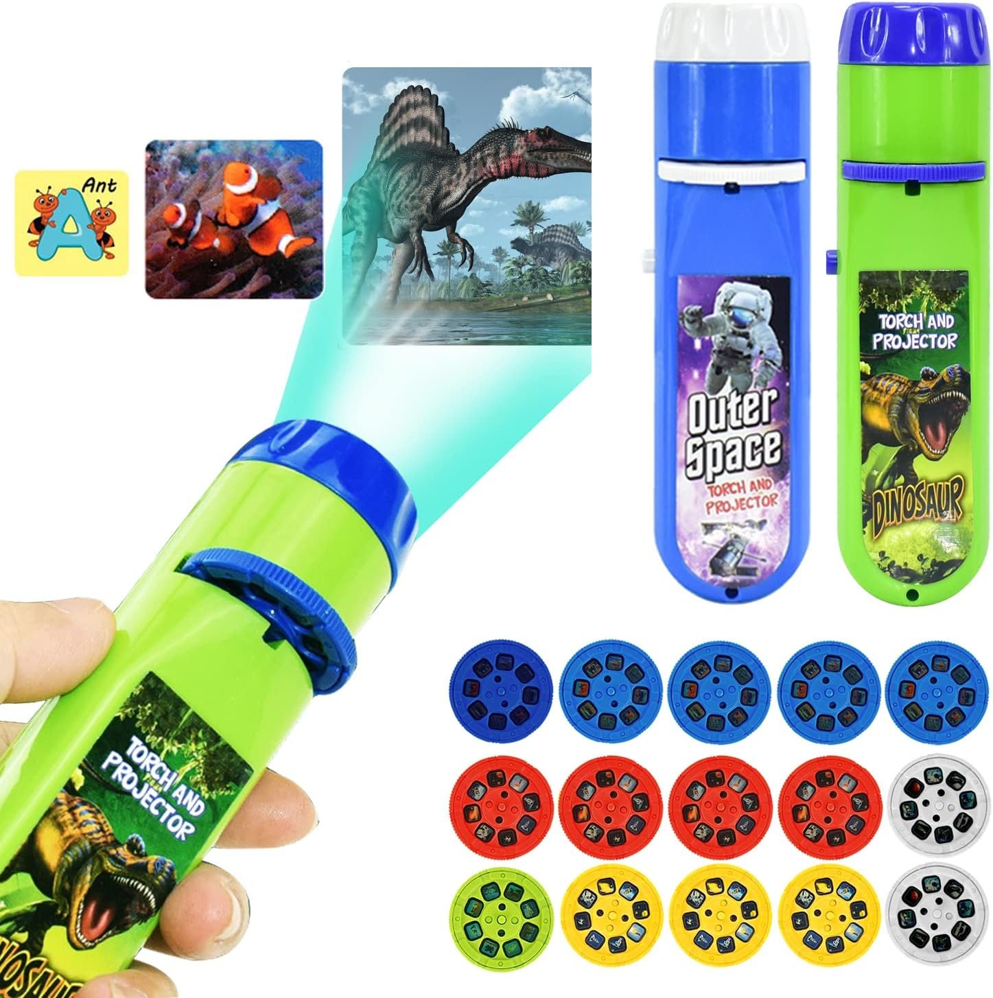 Torch Projector Projection 2PCS, Kids Flashlights Toys Lighting Story Torches Slide Lamp Educational Learning Bedtime Night Light for Children, Toddler, Boy, Girl (120 Images, Dinosaur & Space)