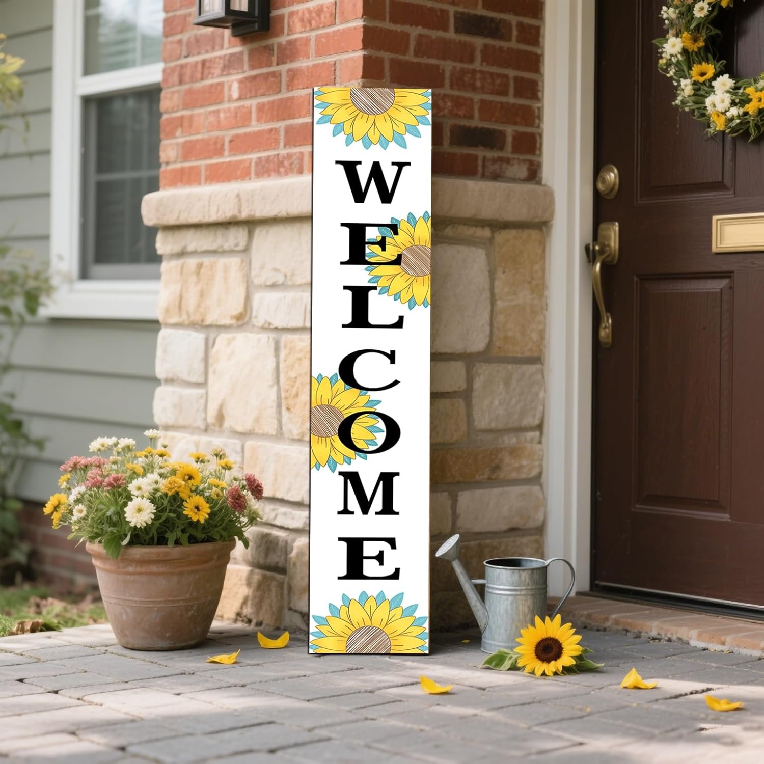 Sunflower Porch Sign Summer Front Door Hanging Decorations Indoor Outdoor Wooden Vertical Standing Welcome Signs For Home Yard Farmhouse Holiday Decor 47 x 7.8 inch