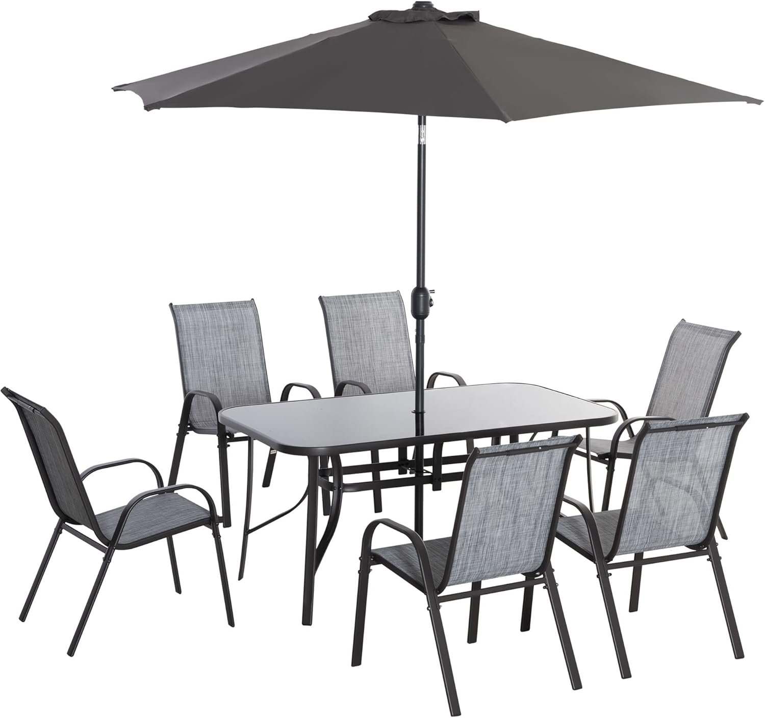 Outsunny 8 Pieces Patio Furniture Set with 9Ft Patio Umbrella, Outdoor Dining Table and Chairs, 6 Chairs, Push Button Tilt and Crank Parasol, Tempered Glass Top, Gray