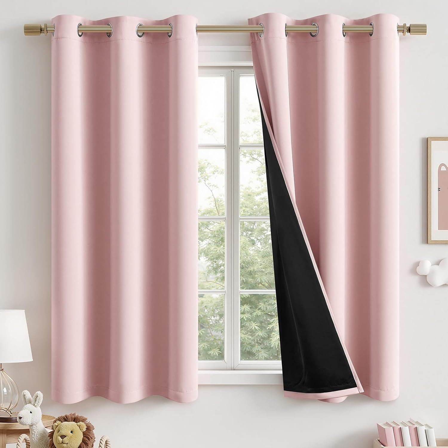MIULEE Light Pink 100% Blackout Curtains for Girls Bedroom 63 Inch Long, 2 Thick Layers Thermal Insulated Black Out Window Curtains with Black Liner, Noise Reducing Living Room Drapes 2 Panels