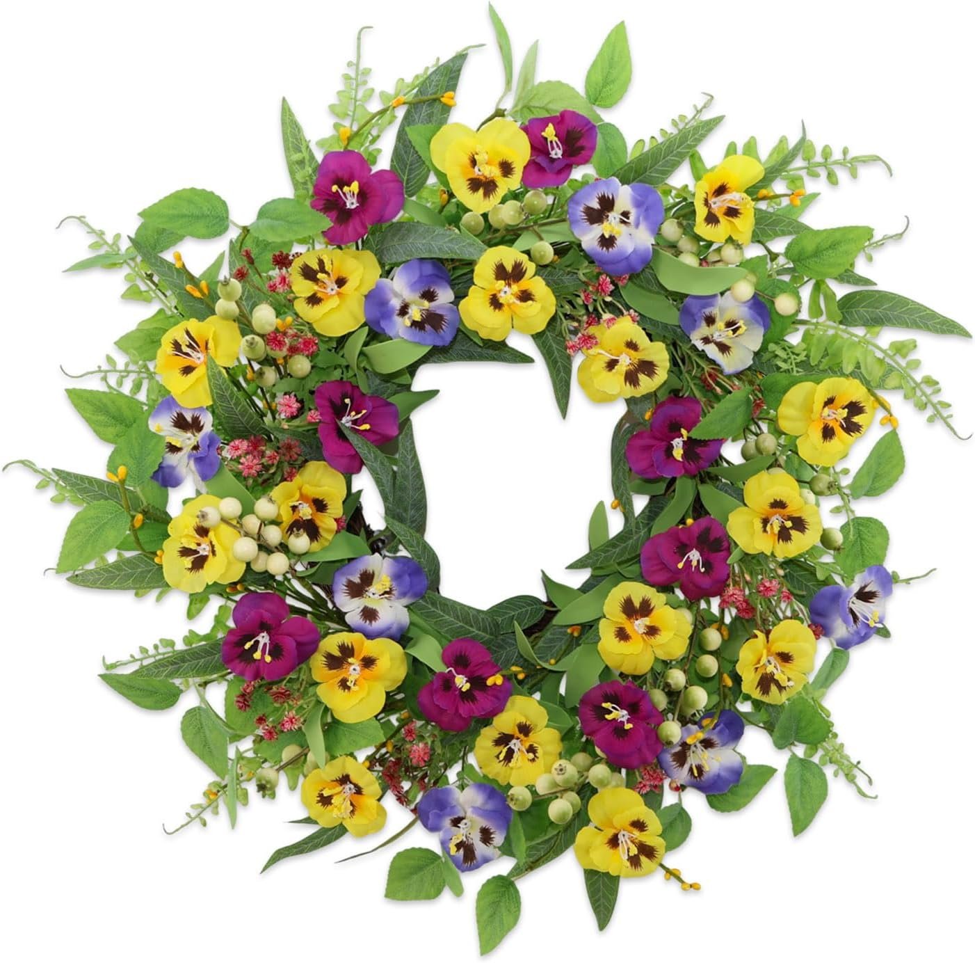 22 Inch Artificial Spring Summer Wreaths for Front Door,Pansy Flower Wreath with Eucalyptus Leaves,Berries,Ferns for Indoor Outdoor Wall Porch Festival Farmhouse Home Holiday Decor.
