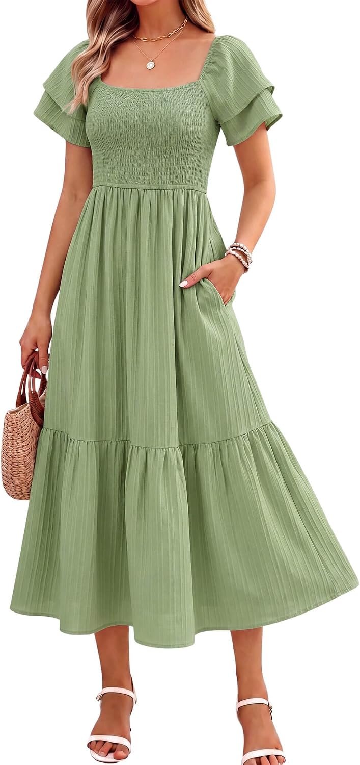 Women’s Summer Midi Dress Short Sleeve Square Neck Off Shoulder Ruffle Elastic High Waist Vacation Dress with Pockets