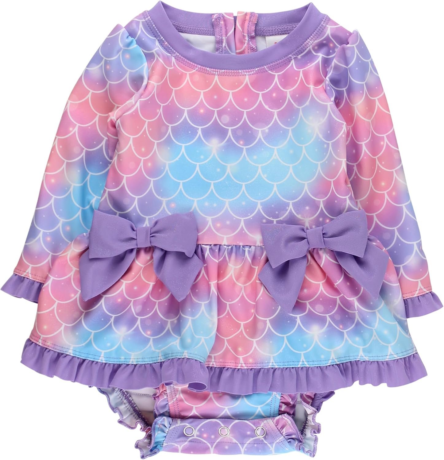 RuffleButts Baby Girls UPF50+ Long Sleeve One Piece Bow Peplum Rash Guard Swimsuit