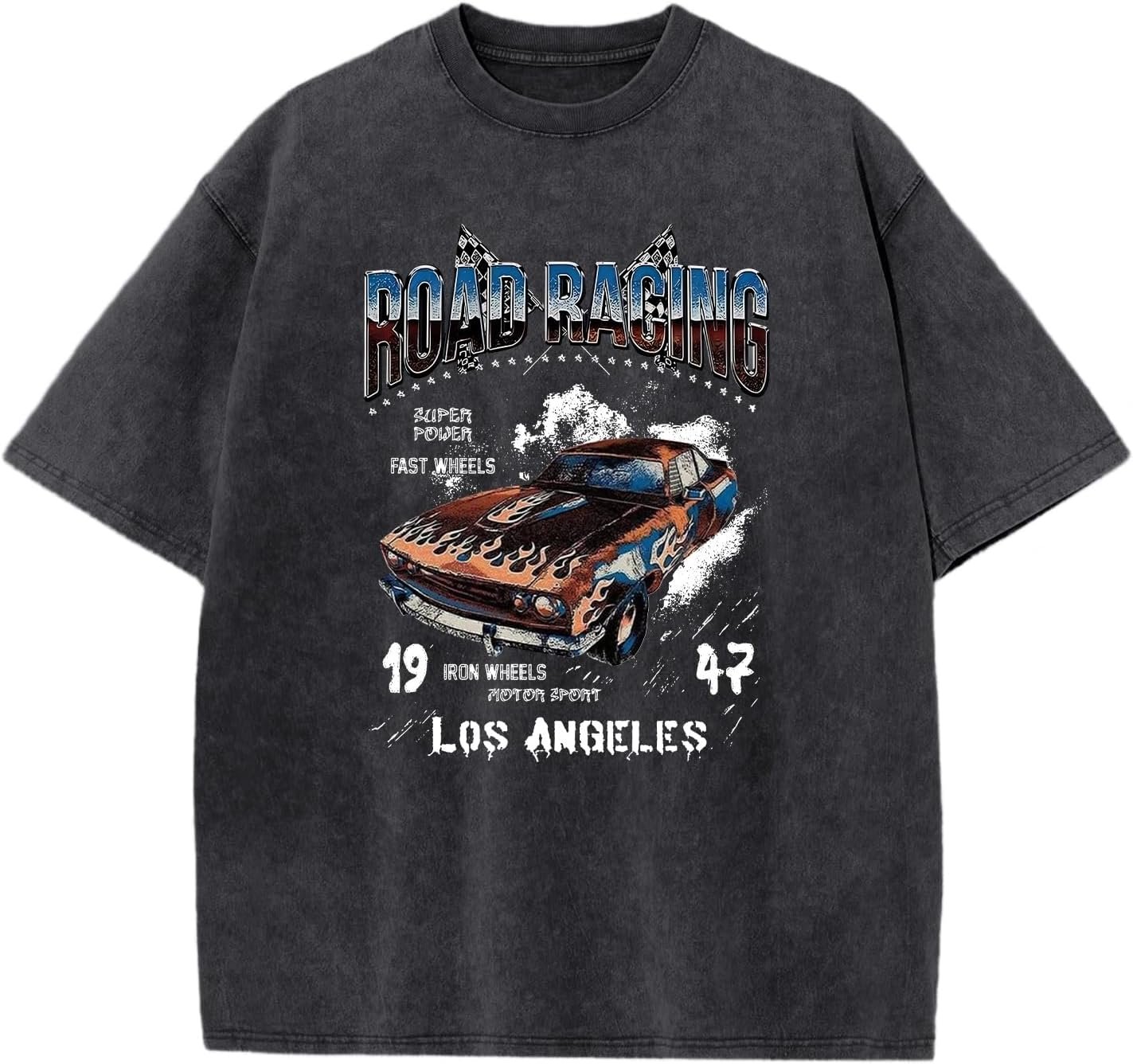 Vintage Race Car Shirts for Boys Kids Cool Graphic Tees Acid Wash Streetwear Road Racing Print Short Sleeve T Shirt