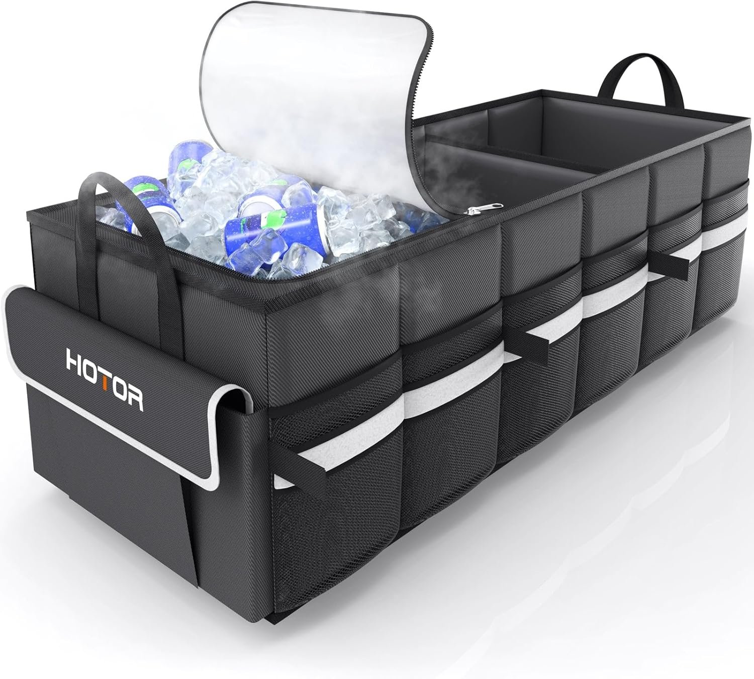 HOTOR Trunk Organizer – Car Organizer with Built-In Leakproof Car Cooler, Collapsible Trunk Organizer with Cooler for Car, SUV, Sedan, with Base Panel (3 Compartments, Black),31.9″×12.6″×10.6″