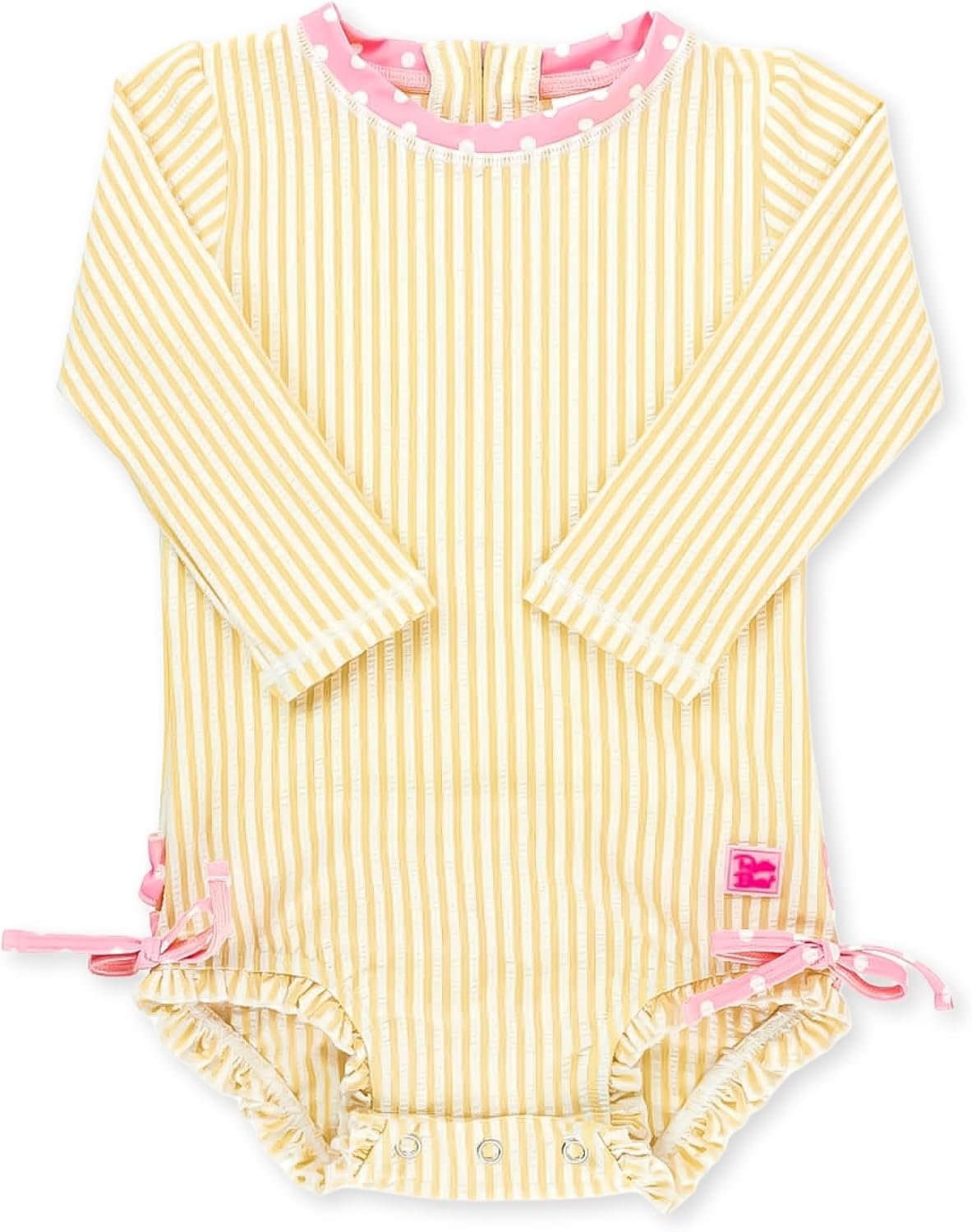 RuffleButts Baby-Girls Seersucker Long Sleeve Rash Guard – One Piece Swimsuit UPF 50+ Toddler