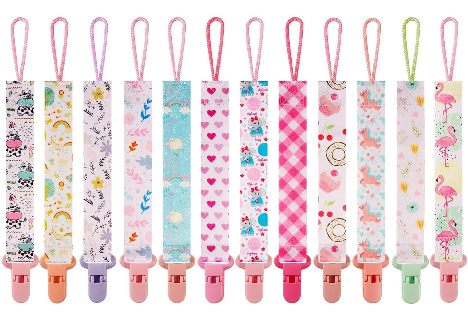 12 Pack Pacifier Clips with Strap 25.5cm – Premium Polyester Baby Pacifier Holder Set, Multi-Design Clips for Girls Boys（Multi Color B）