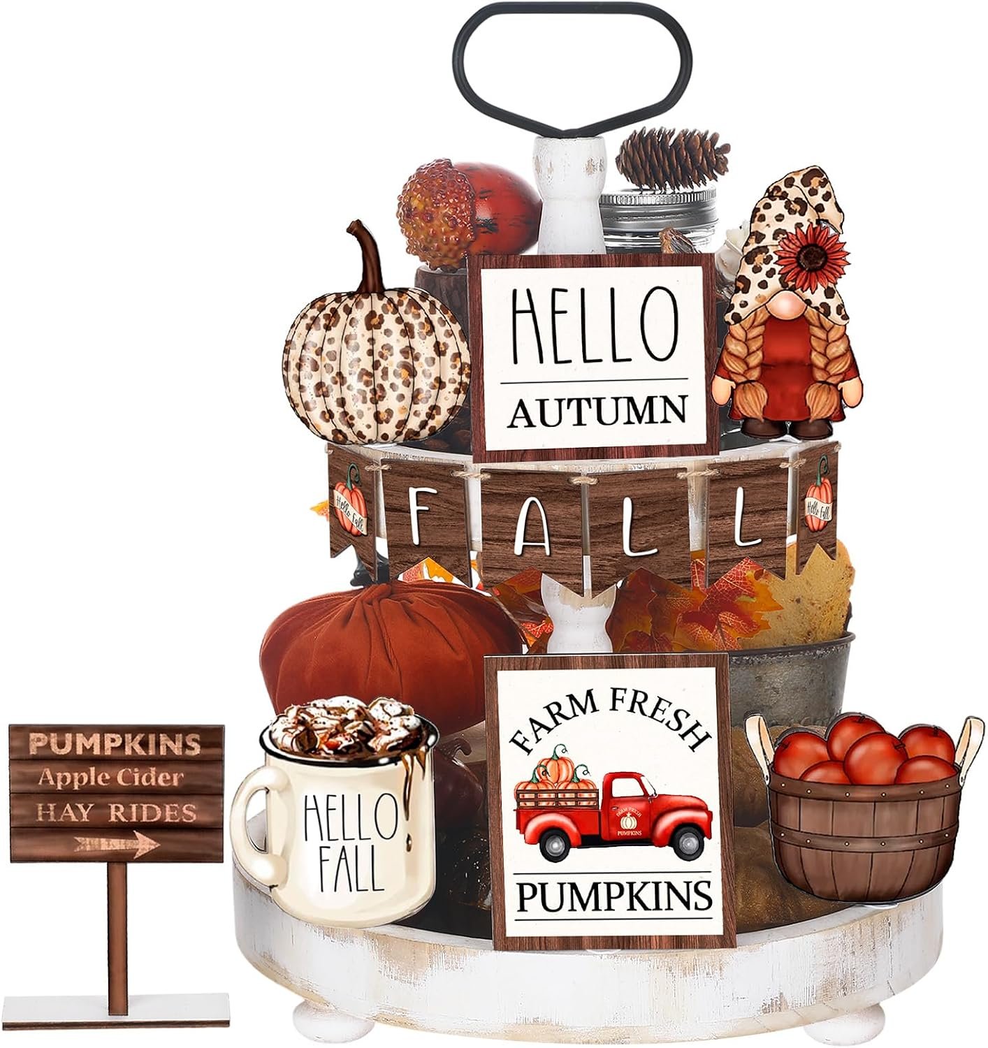 FairySandy 13 Pcs Fall Tiered Tray Decor Set Thanksgiving Pumpkin Gnome Wooden Tabletop Signs Leopard Print Gnome Truck Rustic Farmhouse Autumn Harvest Decorative Trays for Home Kitchen