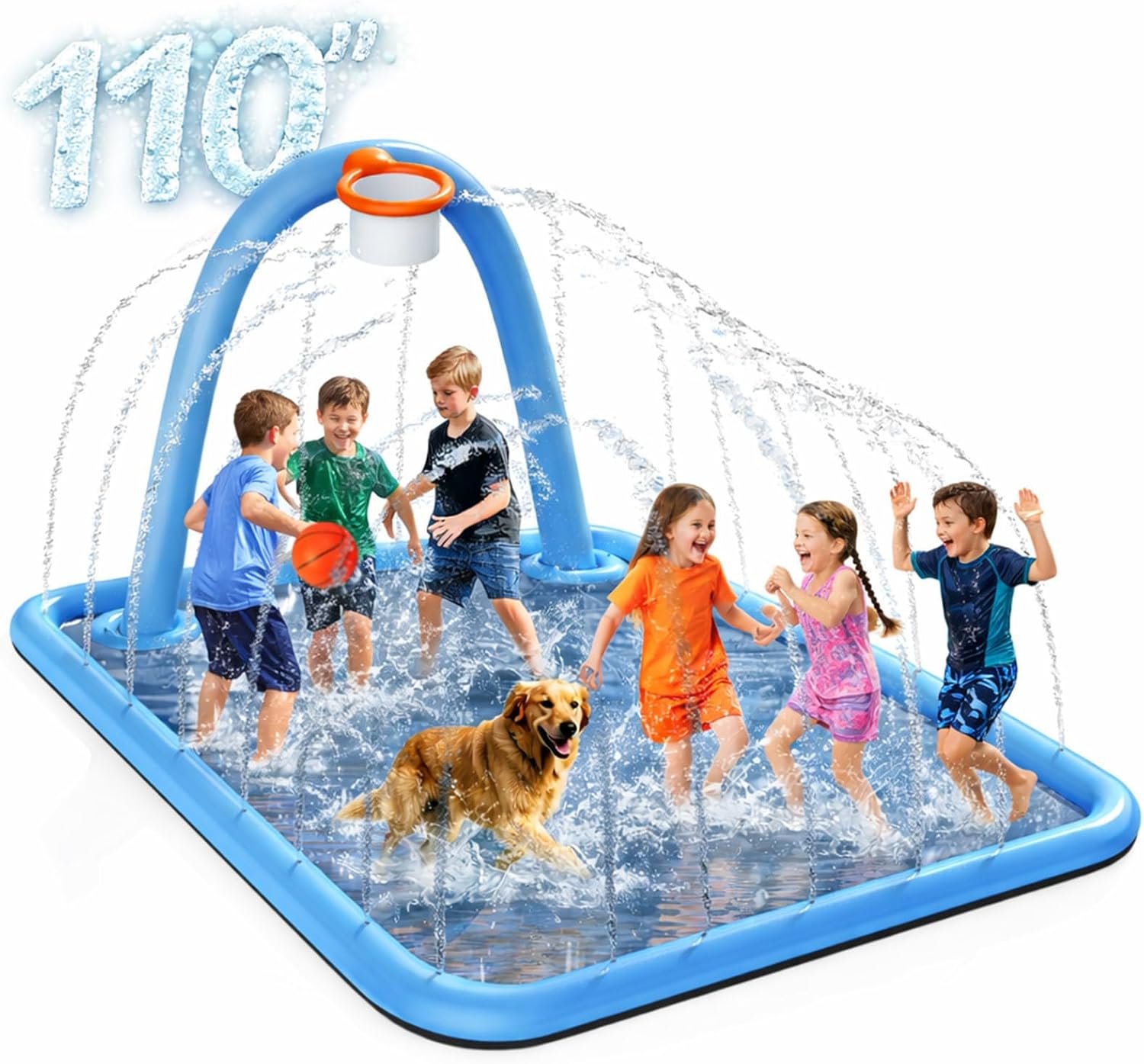 Splash Pad for Kids & Dogs, 110” Large Sprinkler Pad Water Toys with Basketball Hoop, Thickened Non-Slip Splash Mat, Foldable Play Pool & Outdoor Summer Toys Ages 4-12 (110″ Splash Pad)