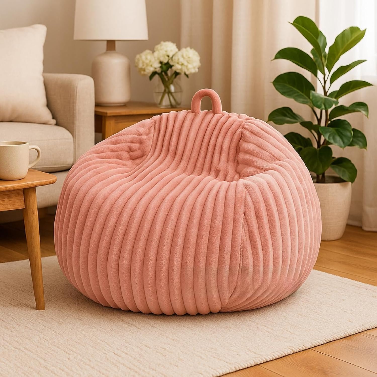 Honeydak Ribbed Rabbit Fur Stuffed Animal Storage Bean Bag Chair Cover (No Filler) Comfy Bean Bag Cover Without Filling or Home Bedroom Decor Organizing Plush Doll Textile Holder(Pink,L)