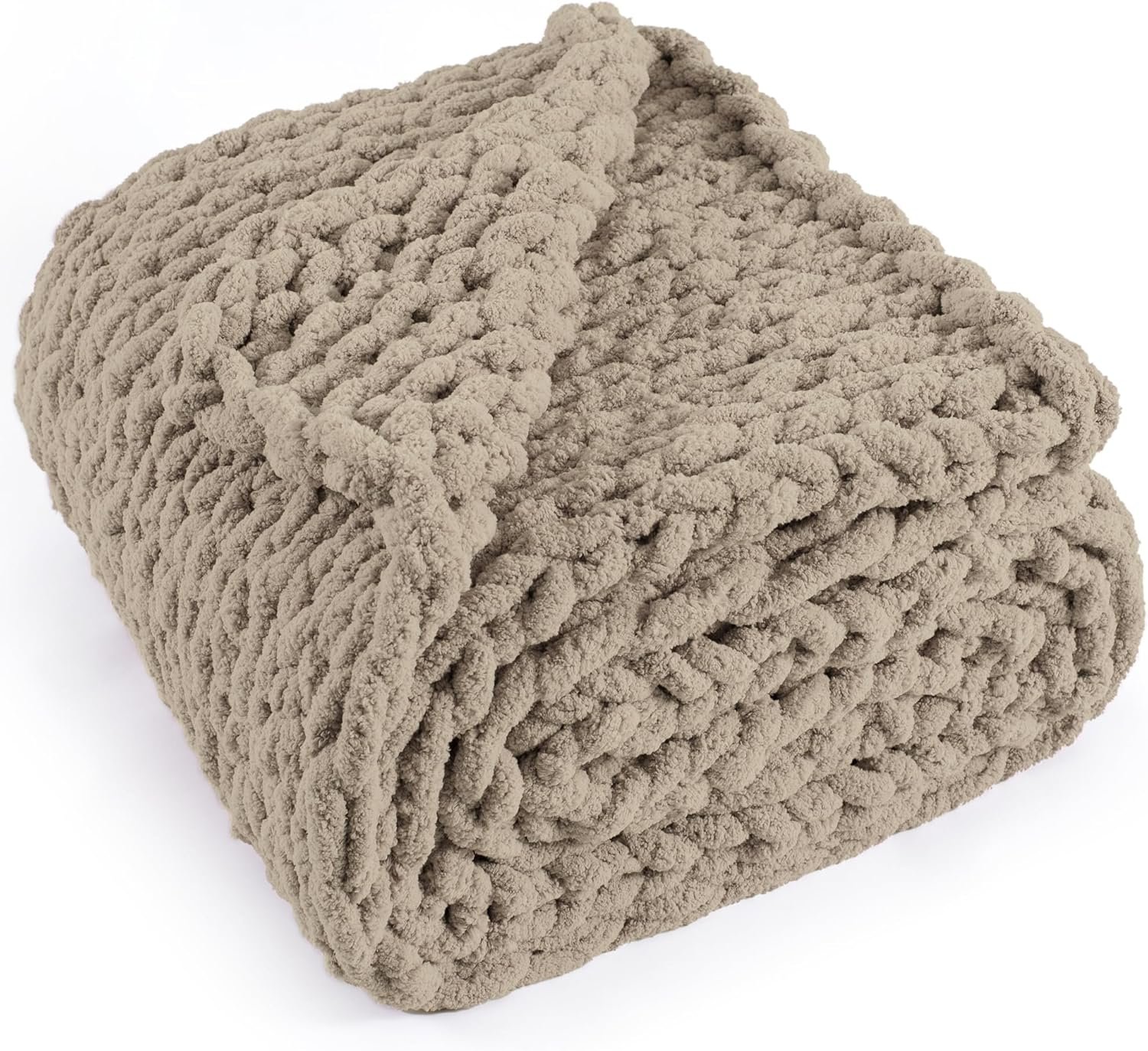 Chunky Knit Throw Blanket 50″X 60″, 100% Handmade with Soft Chenille Yarn, 4.4lbs Thick Cable Knitted Blankets, Large Rope Knot Crochet Throws for Couch Sofa Bed Home Decor, Taupe