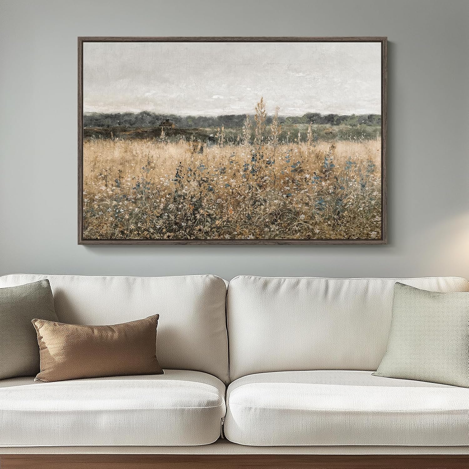 Framed Vintage Landscape Canvas Wall Art for Living Room Bedroom – Large Rustic Modern Farmhouse Meadow with Flowers Picture, Cottagecore Nature Art Decor for Dining Hallway Office, 24×36 Inch