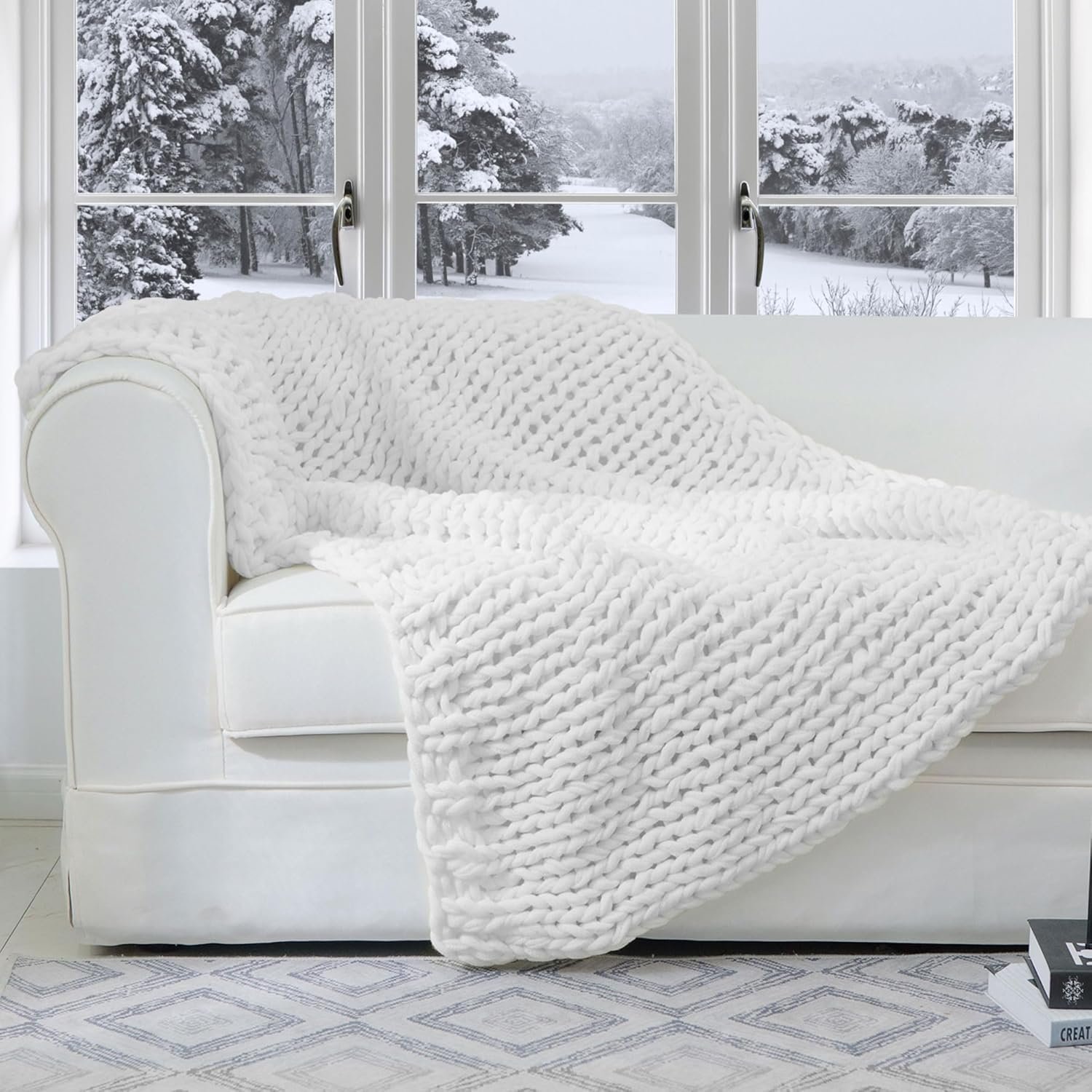 Cheer Collection Chunky Knit Blanket – Throw Blankets for Bed & Couch, Cozy Chunky Knit Throw Blanket, Ultra-Soft Oversized Knitted Blanket, Machine Washable Knit Throw Blanket- 50”x60”, White